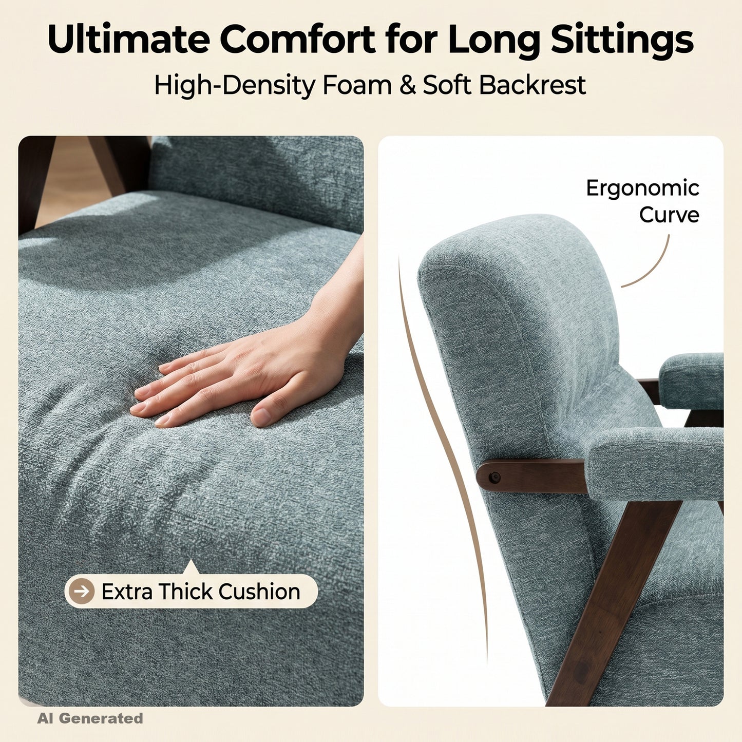 Mid Century Modern Accent Chair with Wood Armrests & Thick Cushion | Ergonomic Backrest, Upholstered Lounge Chair, Living Room & Bedroom, Office & Waiting Room, Comfy Reading Chair
