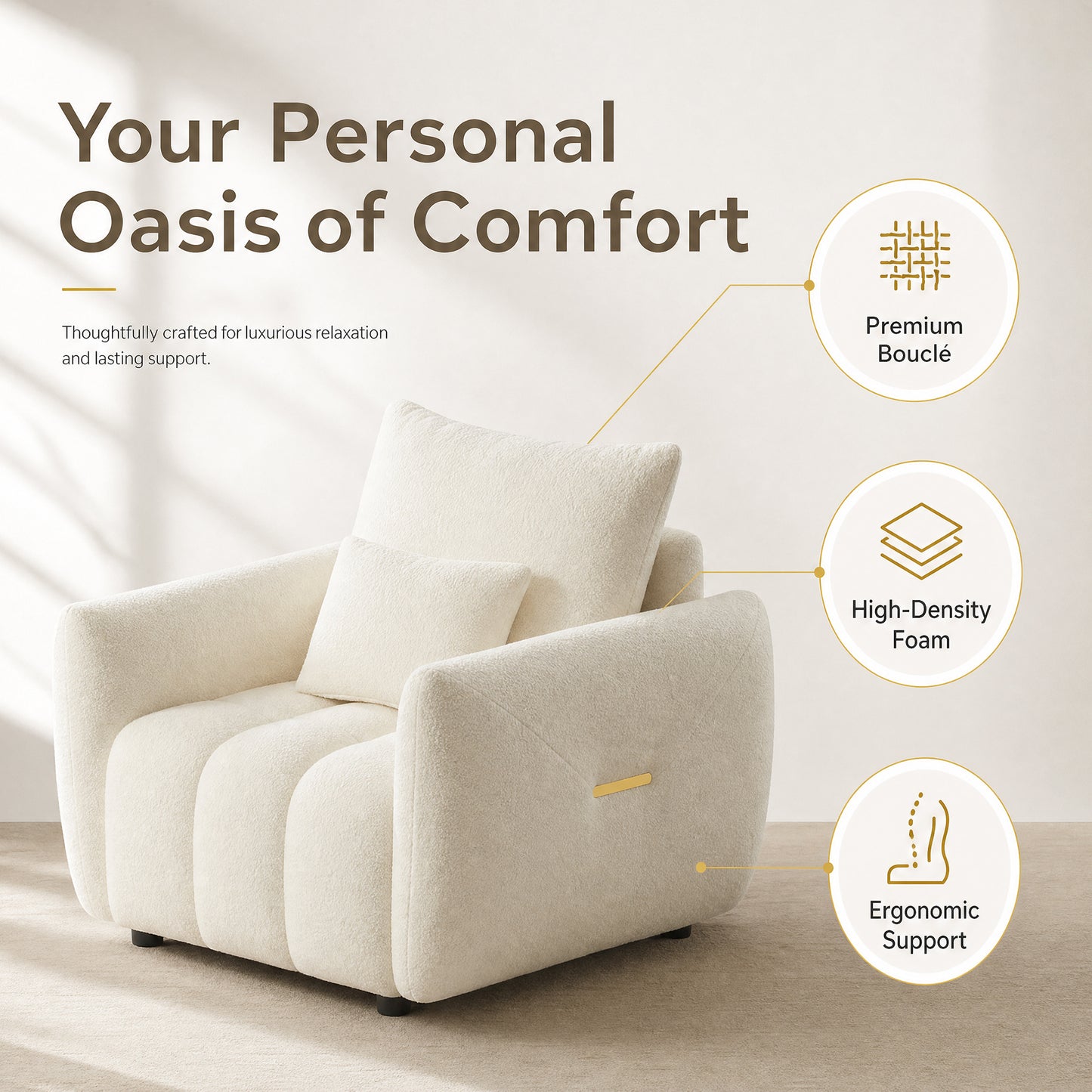 Modern Teddy Fabric Upholstered Cloud Accent Chair with Gold Detail | Living Room & Bedroom, Reading Chair, Apartment & Office Use, Comfortable Design, Teddy Fabric
