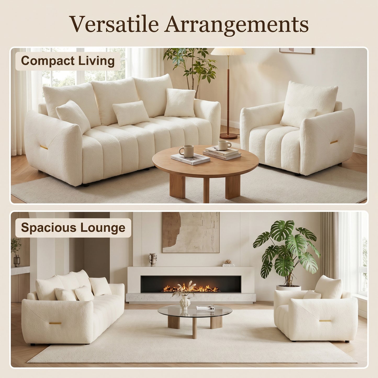 Modern Curved Cloud Couch and Chair Set of 2 Teddy Fabric | Modular Sectional, Gold Accent, Deep Seat, Living Room & Apartment