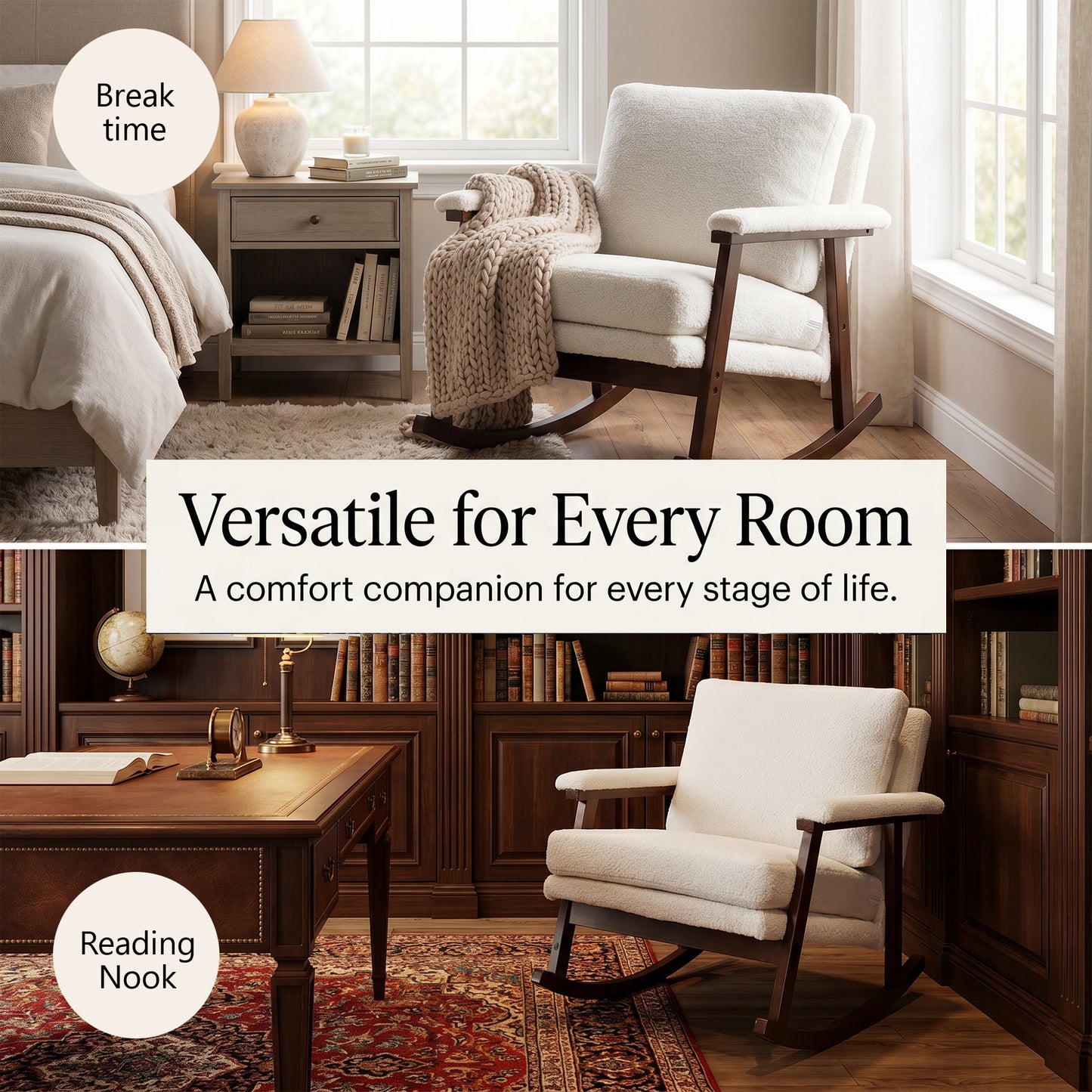 Modern Upholstered Rocking Chair Set of 2 with Solid Wood Frame | Comfy Cotton Teddy Accent Chair for Living Room Bedroom, Ergonomic Glider Rocker for Small Spaces, Cream White