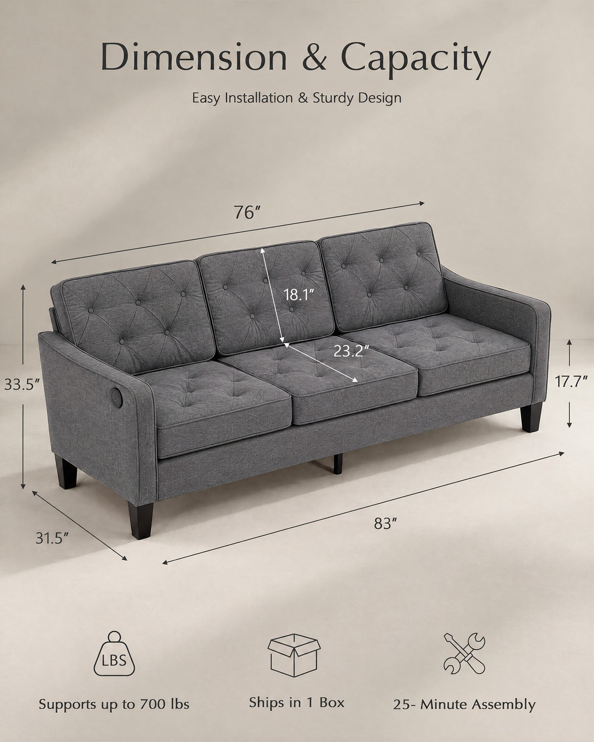 STHOUYN 83" Mid Century Modern 3 Seater Couch, Dark Grey Sofa, Tufted (Dark Grey) | Living Room Set, Small Couches and Chairs for Apartment, Office Waiting Area, Dark Gray Fabric, Tufted Design