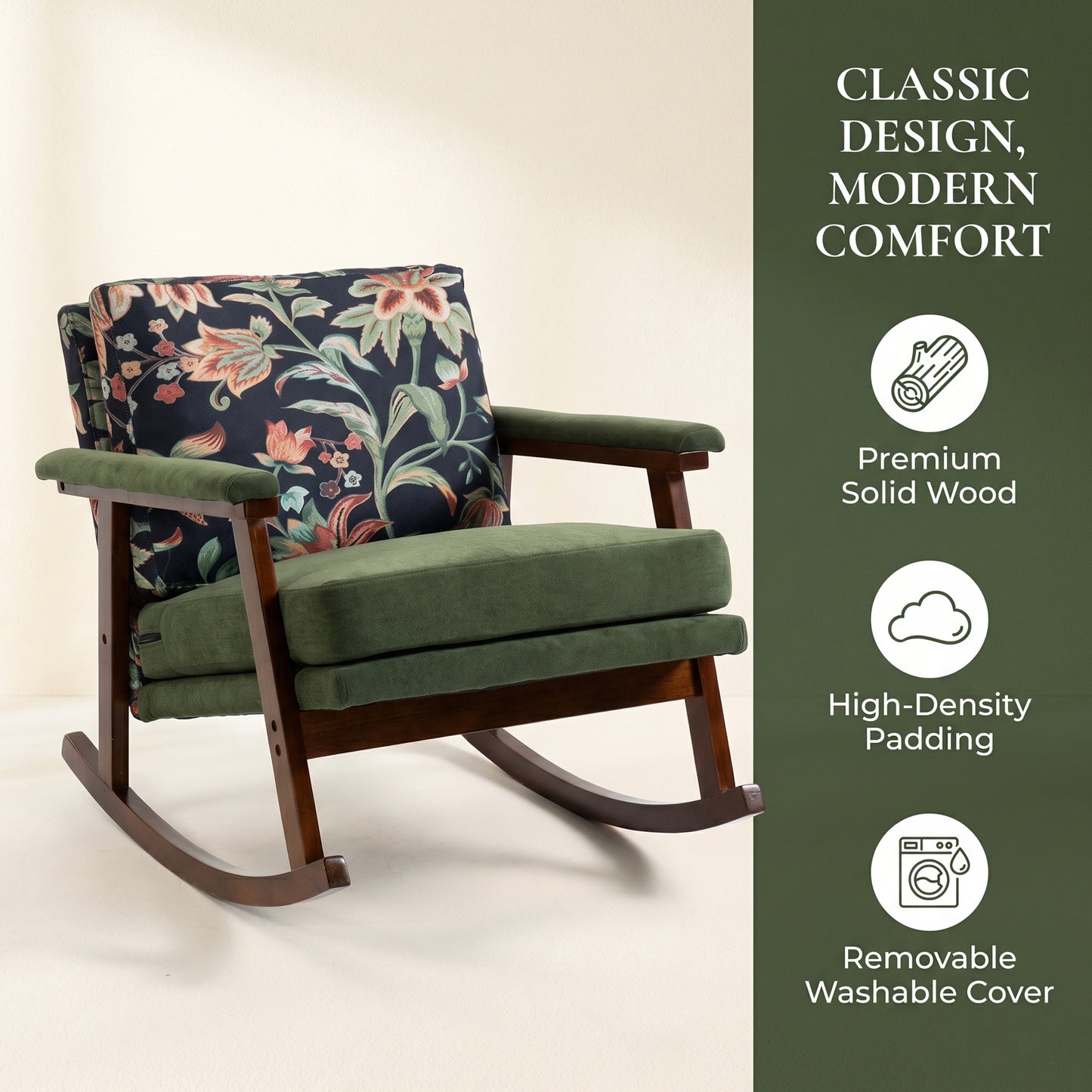 Modern Upholstered Rocking Chair with Solid Wood Frame | Comfy Cotton Linen Floral Accent Chair for Living Room Bedroom, Ergonomic Glider Rocker for Small Spaces, Green