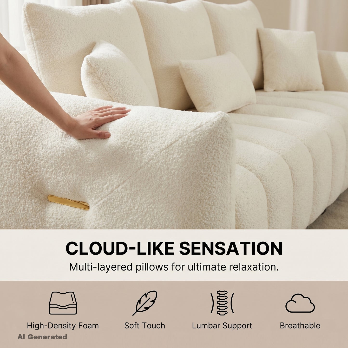 Modern Curved Cloud Couch and Chair Set of 3 Teddy Fabric | Modular Sectional, Gold Accent, Deep Seat, Living Room & Apartment