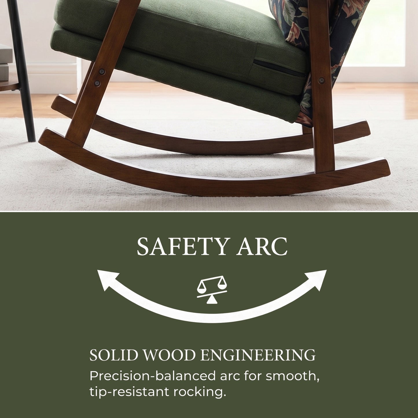 Modern Upholstered Rocking Chair with Solid Wood Frame | Comfy Cotton Linen Floral Accent Chair for Living Room Bedroom, Ergonomic Glider Rocker for Small Spaces, Green