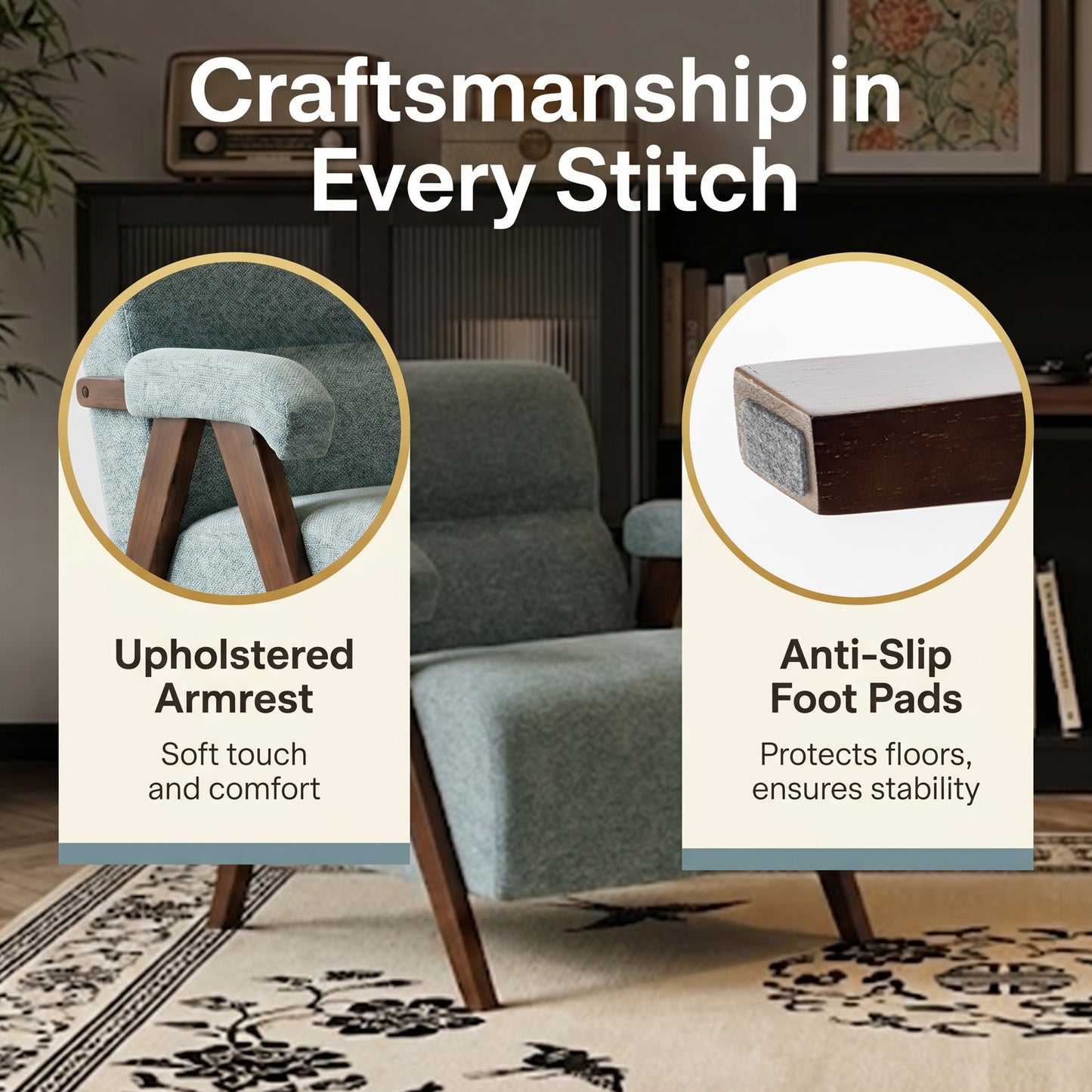 Mid Century Modern Accent Chair with Wood Armrests & Thick Cushion | Ergonomic Backrest, Upholstered Lounge Chair, Living Room & Bedroom, Office & Waiting Room, Comfy Reading Chair