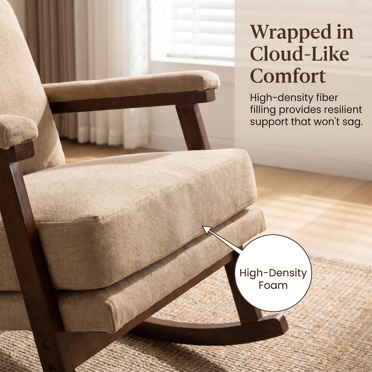 Modern Upholstered Rocking Chair with Solid Wood Frame | Comfy Cotton Linen Accent Chair for Living Room Bedroom, Ergonomic Glider Rocker for Small Spaces, Khaki