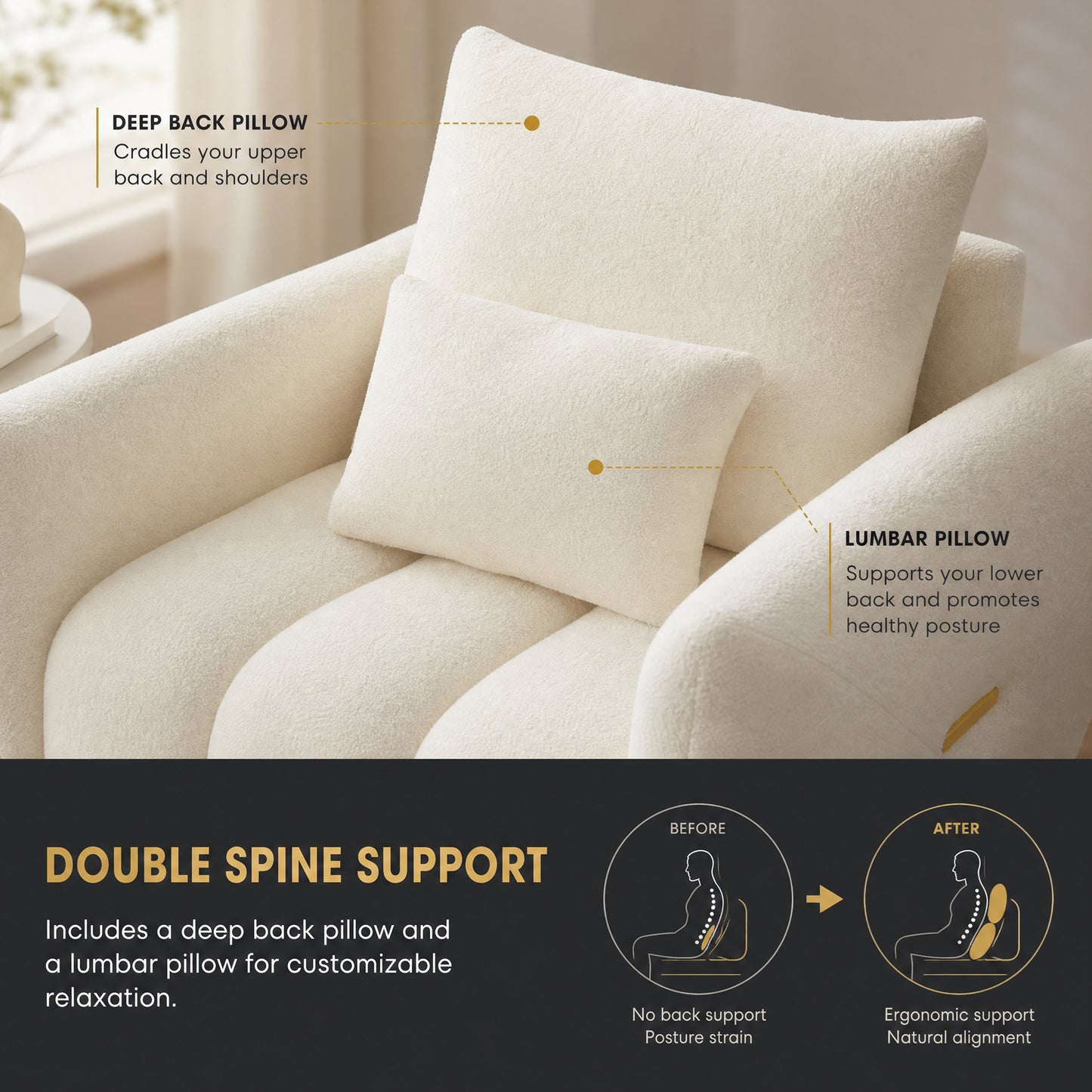 Modern Teddy Fabric Upholstered Cloud Accent Chair with Gold Detail | Living Room & Bedroom, Reading Chair, Apartment & Office Use, Comfortable Design, Teddy Fabric