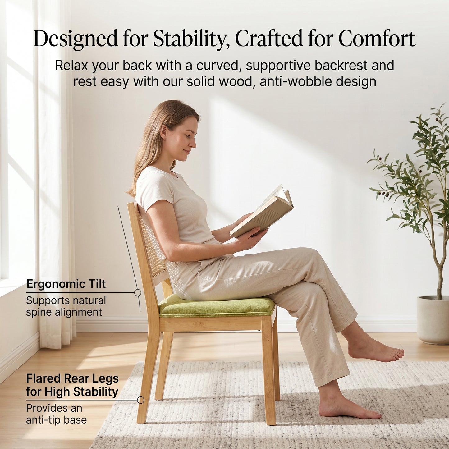 STHOUYN Green Rattan Dining Chairs Set of 4 with Solid Wood, Upholstered Seat Kitchen Chairs for Dining Room, Mid Century Modern Farmhouse Style, Comfortable Padded with Natural Finish