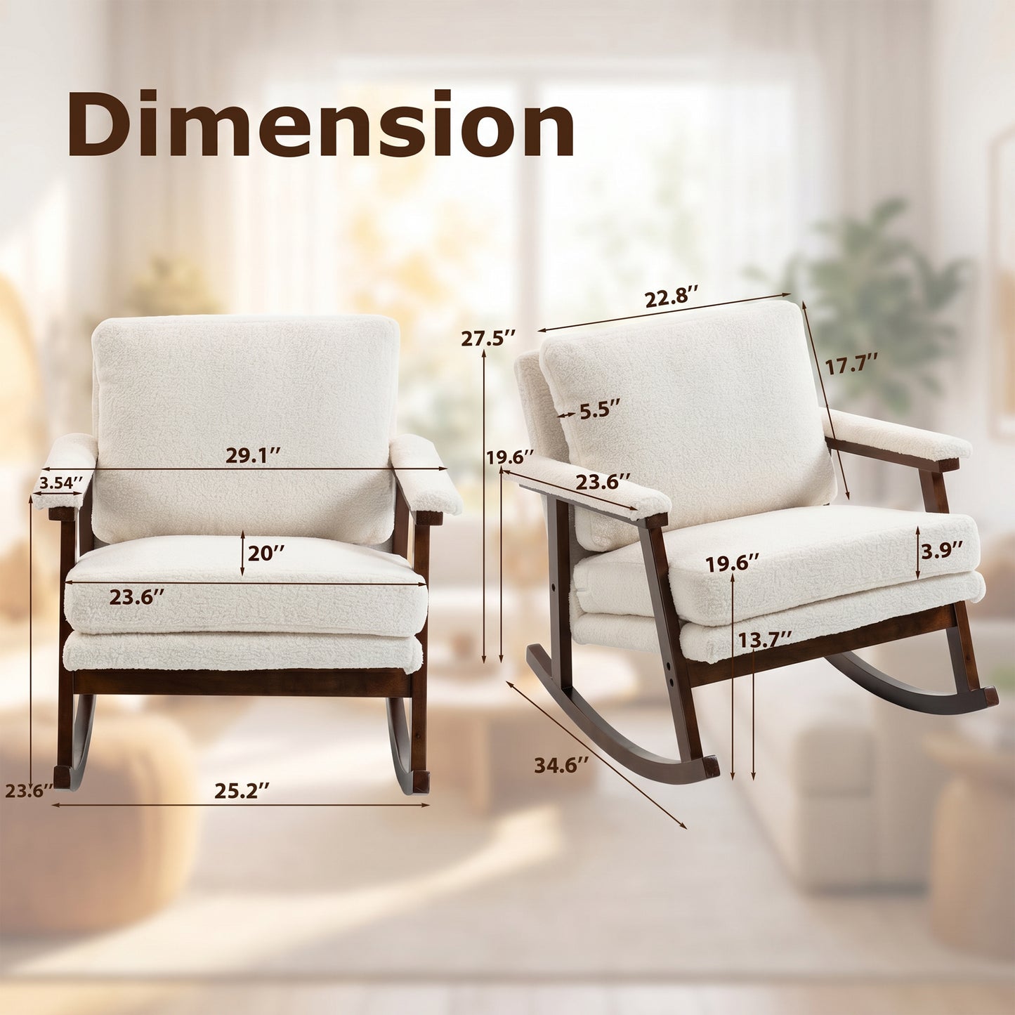 Modern Upholstered Rocking Chair Set of 2 with Solid Wood Frame | Comfy Cotton Teddy Accent Chair for Living Room Bedroom, Ergonomic Glider Rocker for Small Spaces, Cream White