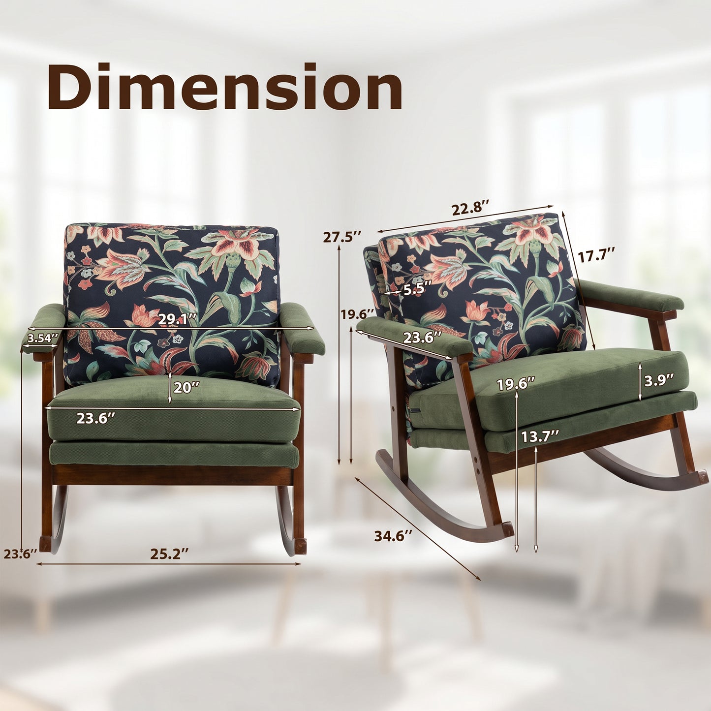Modern Upholstered Rocking Chair with Solid Wood Frame | Comfy Cotton Linen Floral Accent Chair for Living Room Bedroom, Ergonomic Glider Rocker for Small Spaces, Green