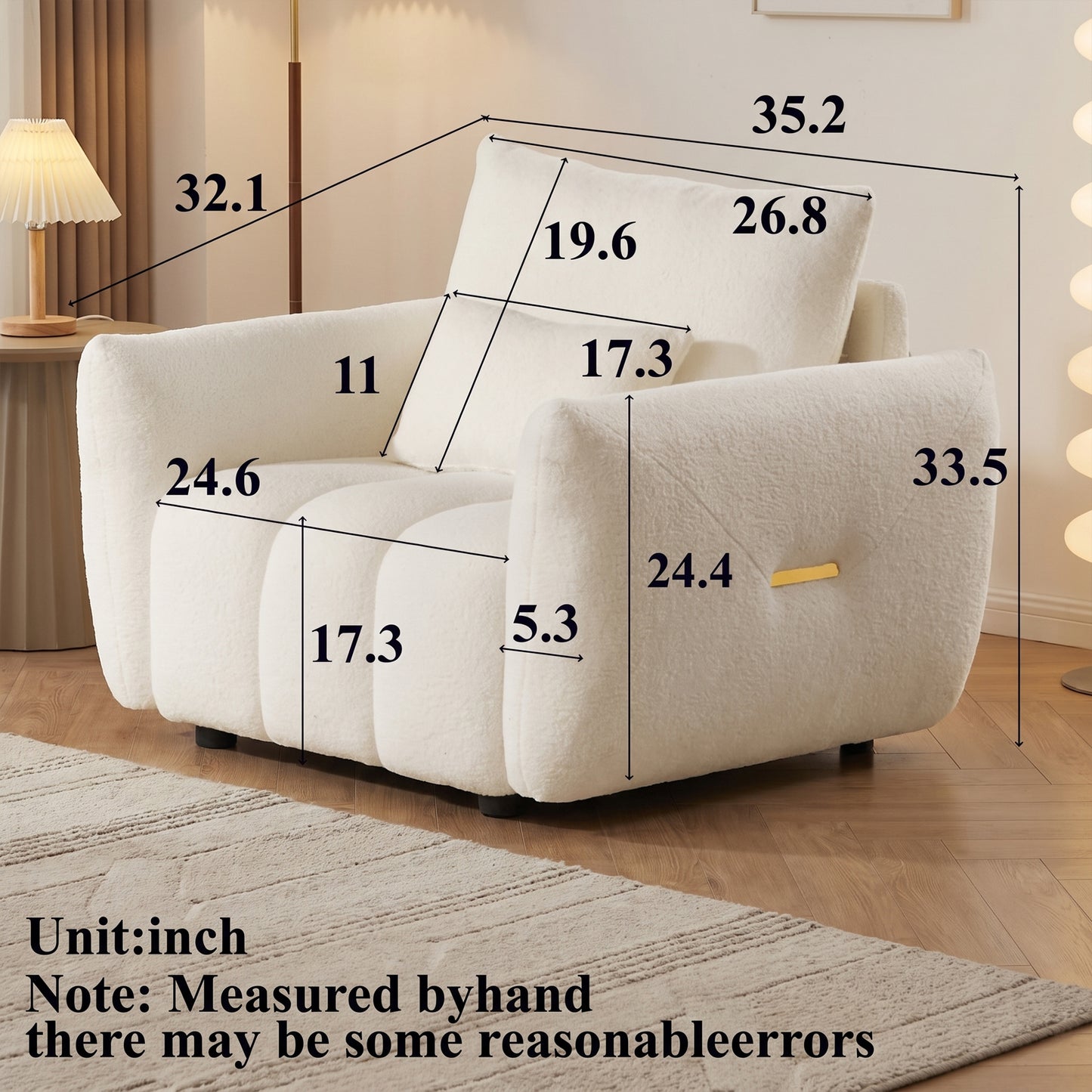 Modern Teddy Fabric Upholstered Cloud Accent Chair with Gold Detail | Living Room & Bedroom, Reading Chair, Apartment & Office Use, Comfortable Design, Teddy Fabric