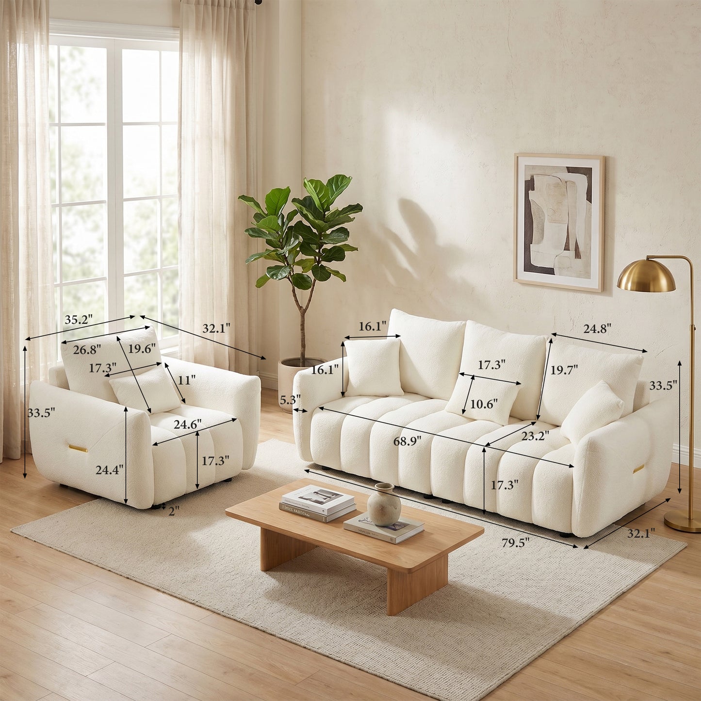 Modern Curved Cloud Couch and Chair Set of 2 Teddy Fabric | Modular Sectional, Gold Accent, Deep Seat, Living Room & Apartment