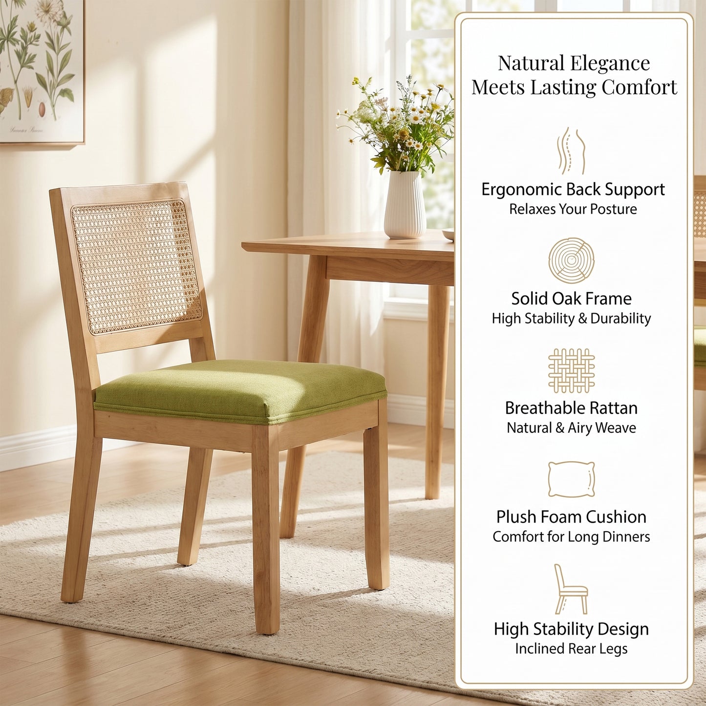 STHOUYN Green Rattan Dining Chairs Set of 4 with Solid Wood, Upholstered Seat Kitchen Chairs for Dining Room, Mid Century Modern Farmhouse Style, Comfortable Padded with Natural Finish