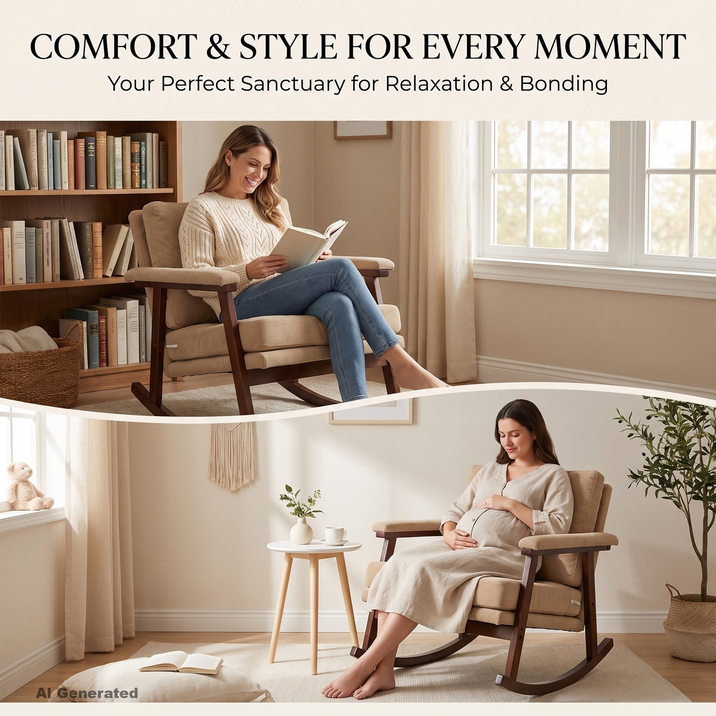 Modern Upholstered Rocking Chair with Solid Wood Frame | Comfy Cotton Linen Accent Chair for Living Room Bedroom, Ergonomic Glider Rocker for Small Spaces, Khaki