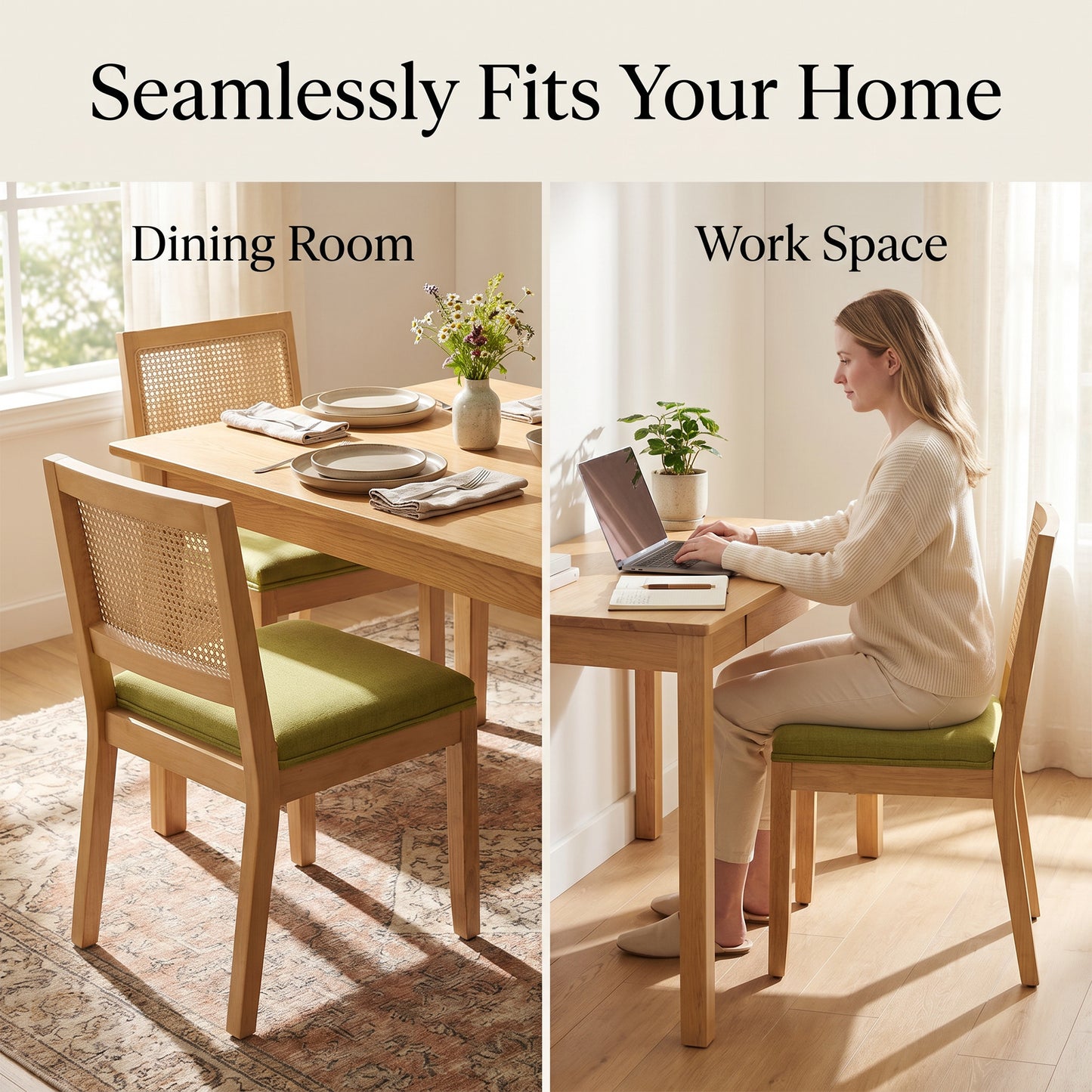 STHOUYN Green Rattan Dining Chairs Set of 4 with Solid Wood, Upholstered Seat Kitchen Chairs for Dining Room, Mid Century Modern Farmhouse Style, Comfortable Padded with Natural Finish