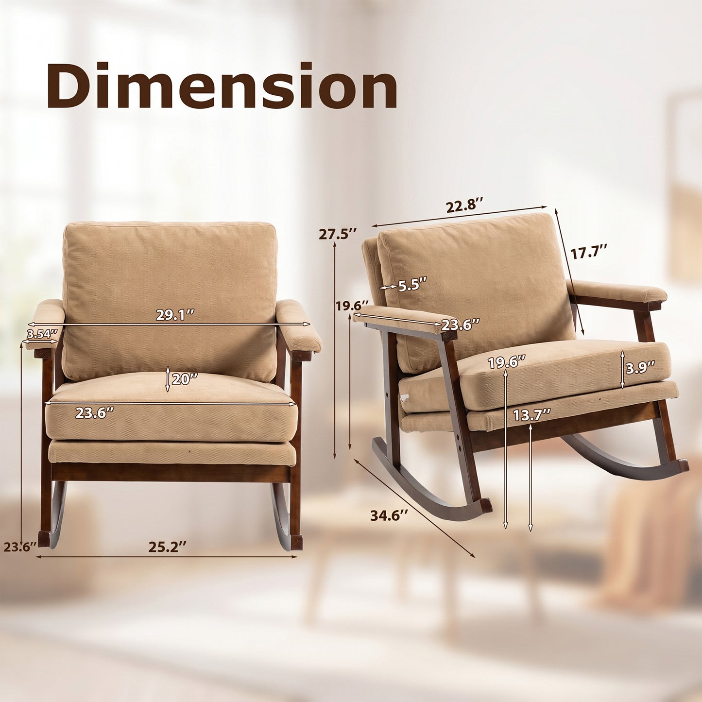 Modern Upholstered Rocking Chair with Solid Wood Frame | Comfy Cotton Linen Accent Chair for Living Room Bedroom, Ergonomic Glider Rocker for Small Spaces, Khaki