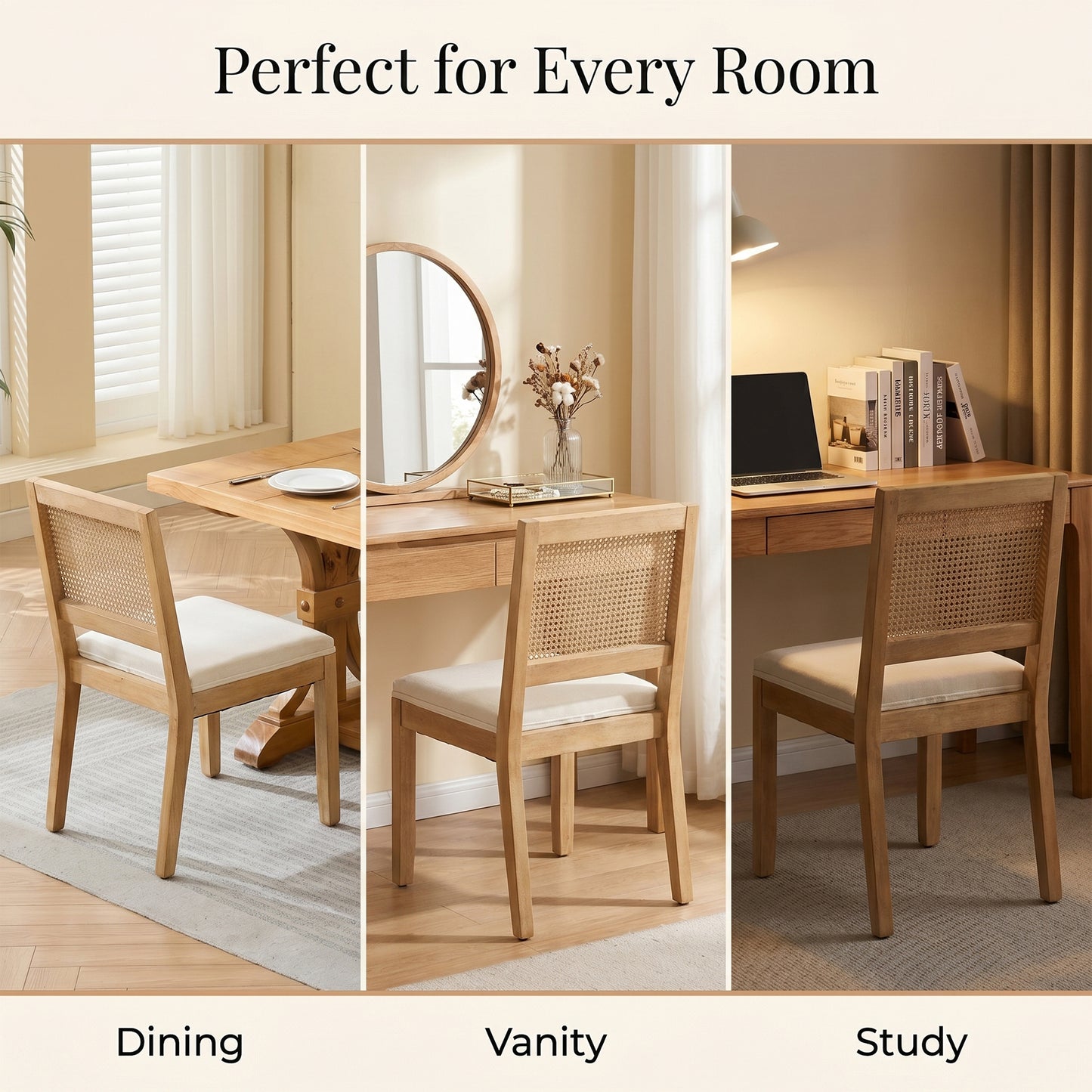 STHOUYN Rattan Dining Chairs with Solid Wood, Upholstered Seat Kitchen Chairs for Dining Room, Mid Century Modern Farmhouse Style, Comfortable Padded with Natural Finish