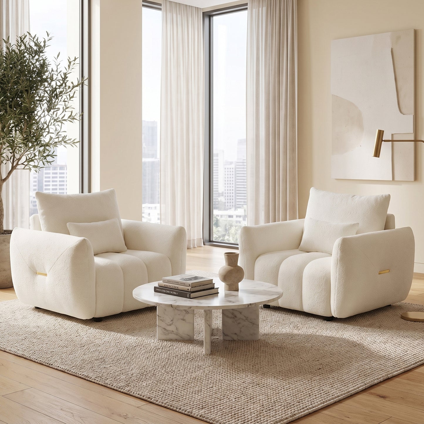 Modern Teddy Fabric Upholstered Cloud Accent Chair with Gold Detail | Living Room & Bedroom, Reading Chair, Apartment & Office Use, Comfortable Design, Teddy Fabric