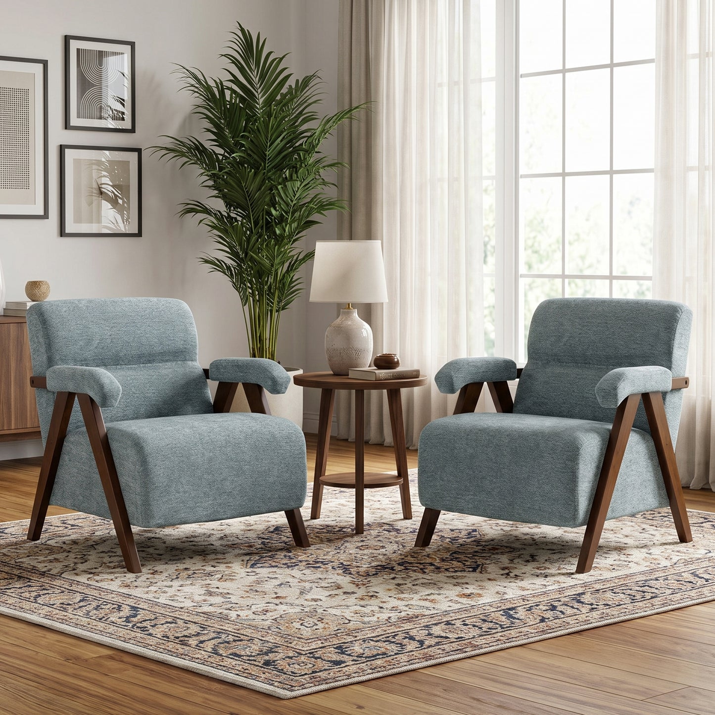 Mid Century Modern Accent Chair with Wood Armrests Set of 2 | Ergonomic Backrest, Upholstered Lounge Chair, Living Room & Bedroom, Office & Waiting Room, Comfy Reading Chair