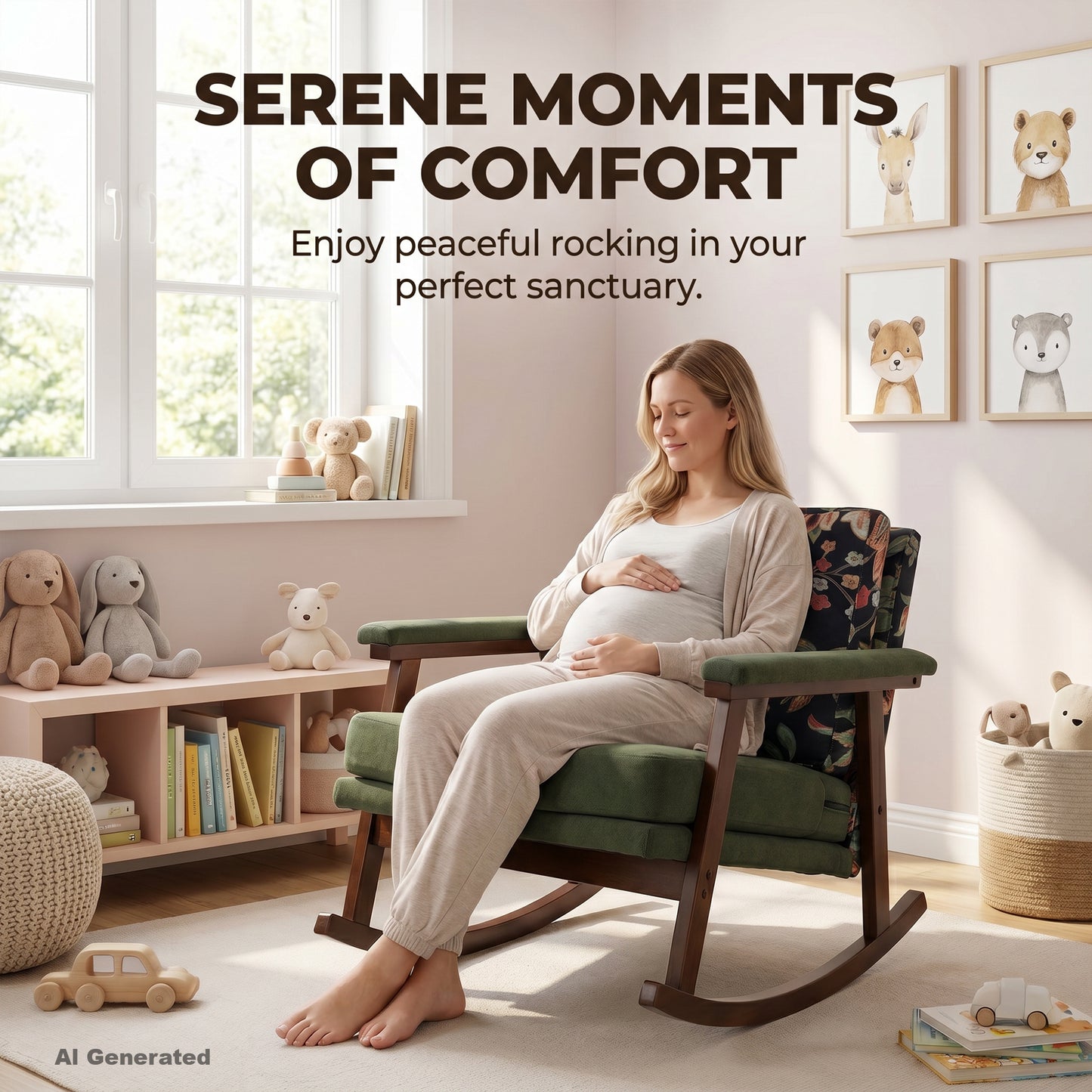 Modern Upholstered Rocking Chair with Solid Wood Frame | Comfy Cotton Linen Floral Accent Chair for Living Room Bedroom, Ergonomic Glider Rocker for Small Spaces, Green