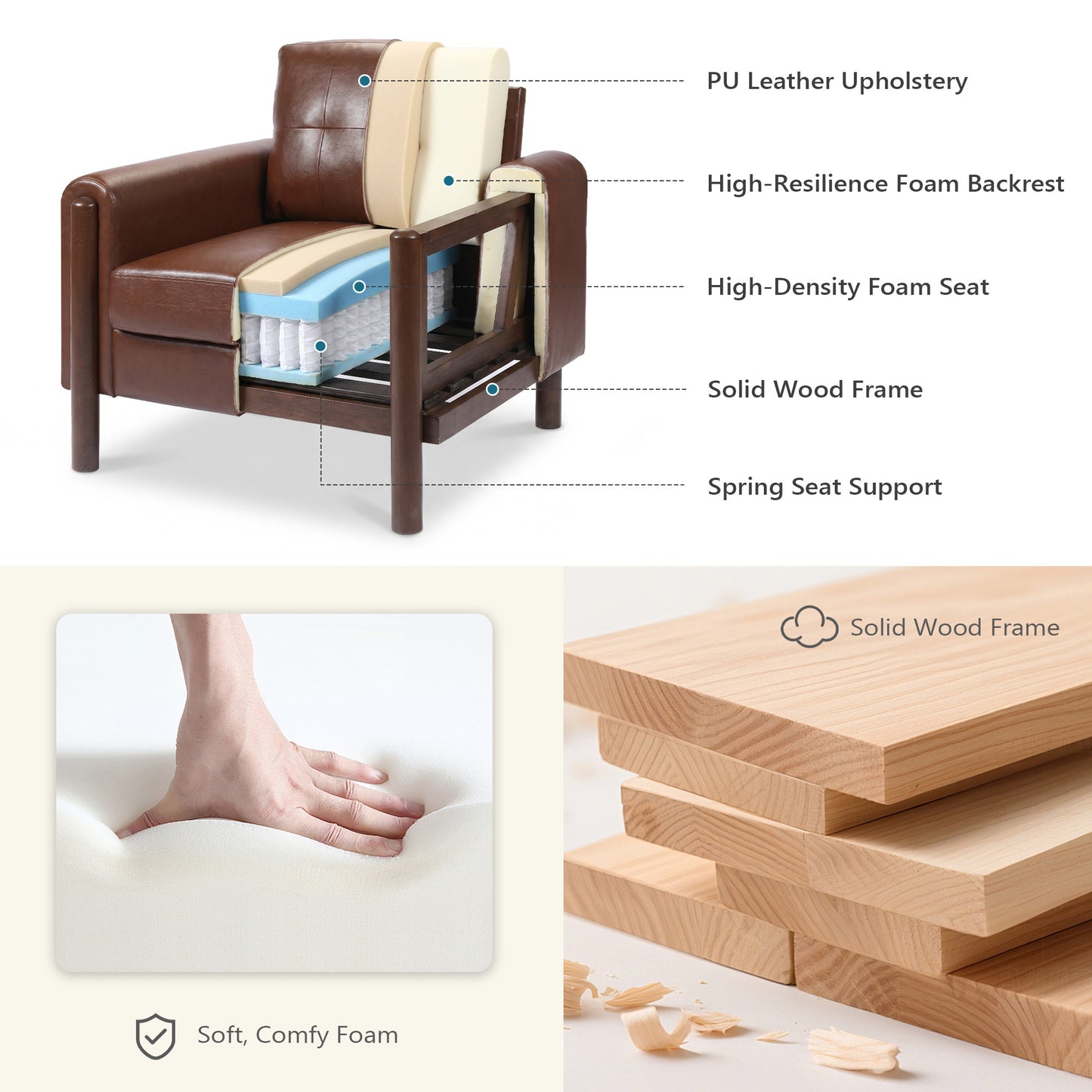 STHOUYN 35" Brown Leather Oversized Accent Chair Set of 2 with Wood Armrests, Mid-Century Modern Tufted Living Room Chair, Comfy Reading Chair with Lumbar Support & Thick Cushion Waiting Room Office