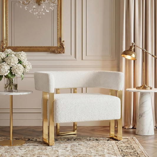 STHOUYN Modern Accent Chair, Barrel Chairs, Arm Chairs for Living Room (1, White) | STHOUYN Bedroom Side Chairs, Boucle Upholstery, Curved Bucket Design, Gold-Tone Base, Armchairs, Small Space Seating