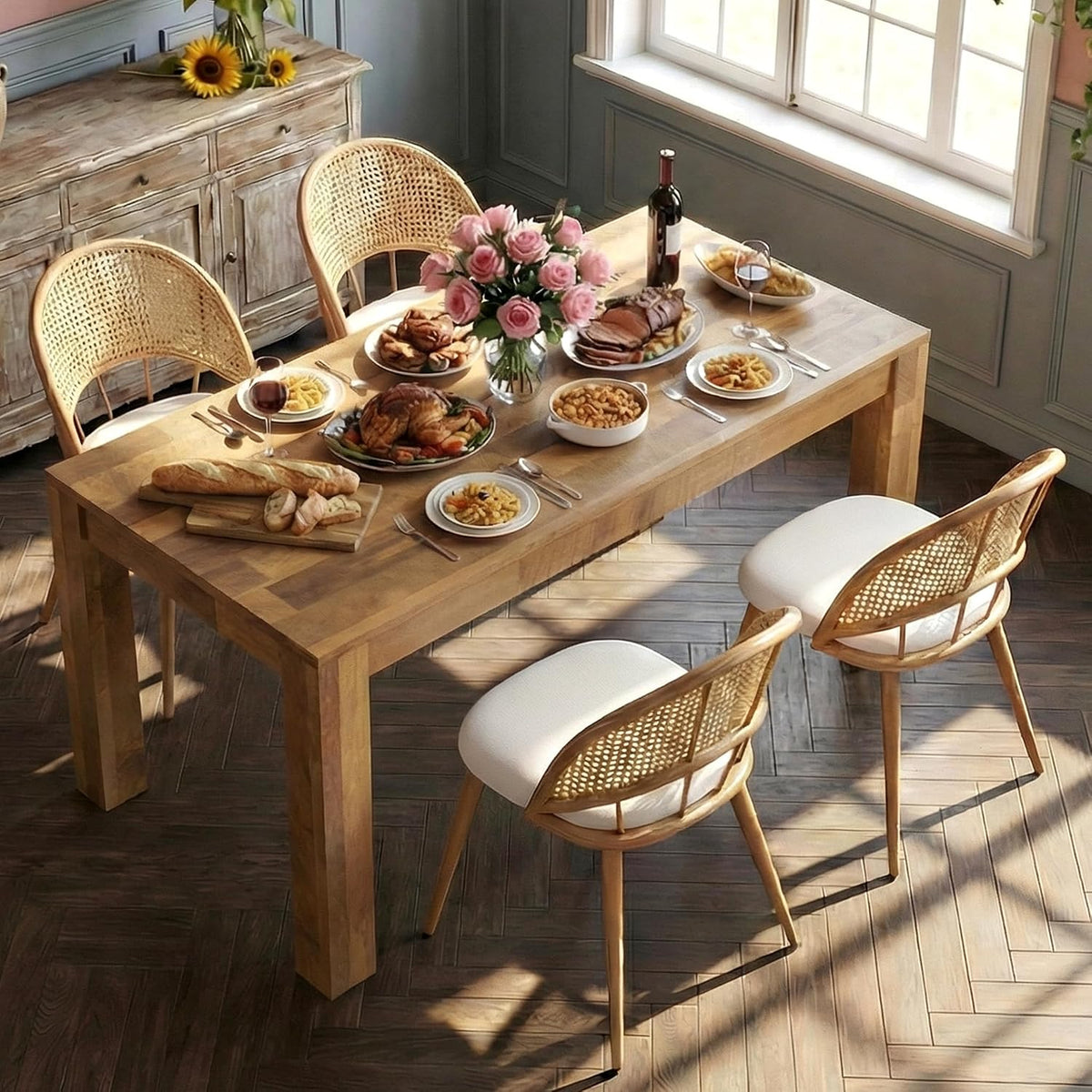 STHOUYN 71" Farmhouse Wood Dining Table Set with 4 Upholstered Chairs, Rectangular