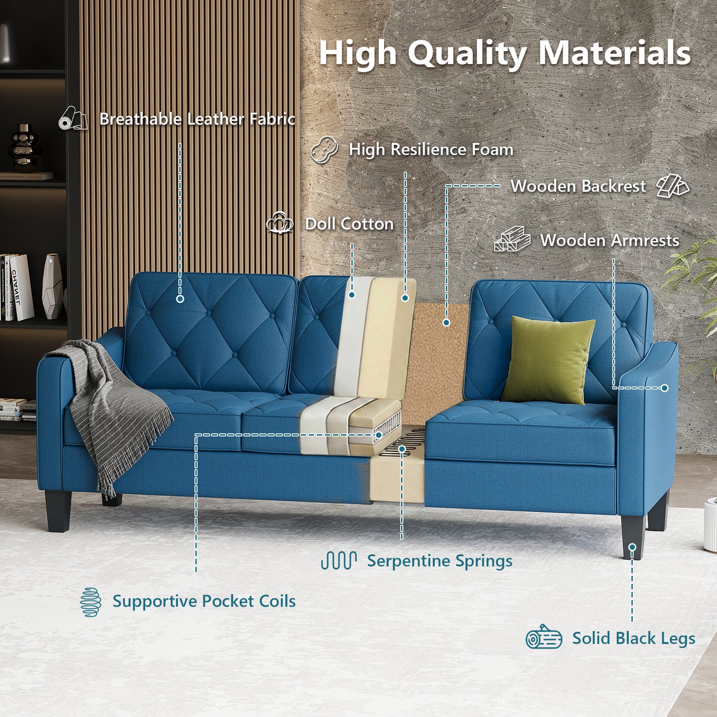 STHOUYN 83” Blue Sofas & Couches, Small 3-Seater Sofa for Living Room, Apartment Size Couch, Comfy Mini Couch Living Space Couch Tufted Design, Office, or Waiting Area (Blue)