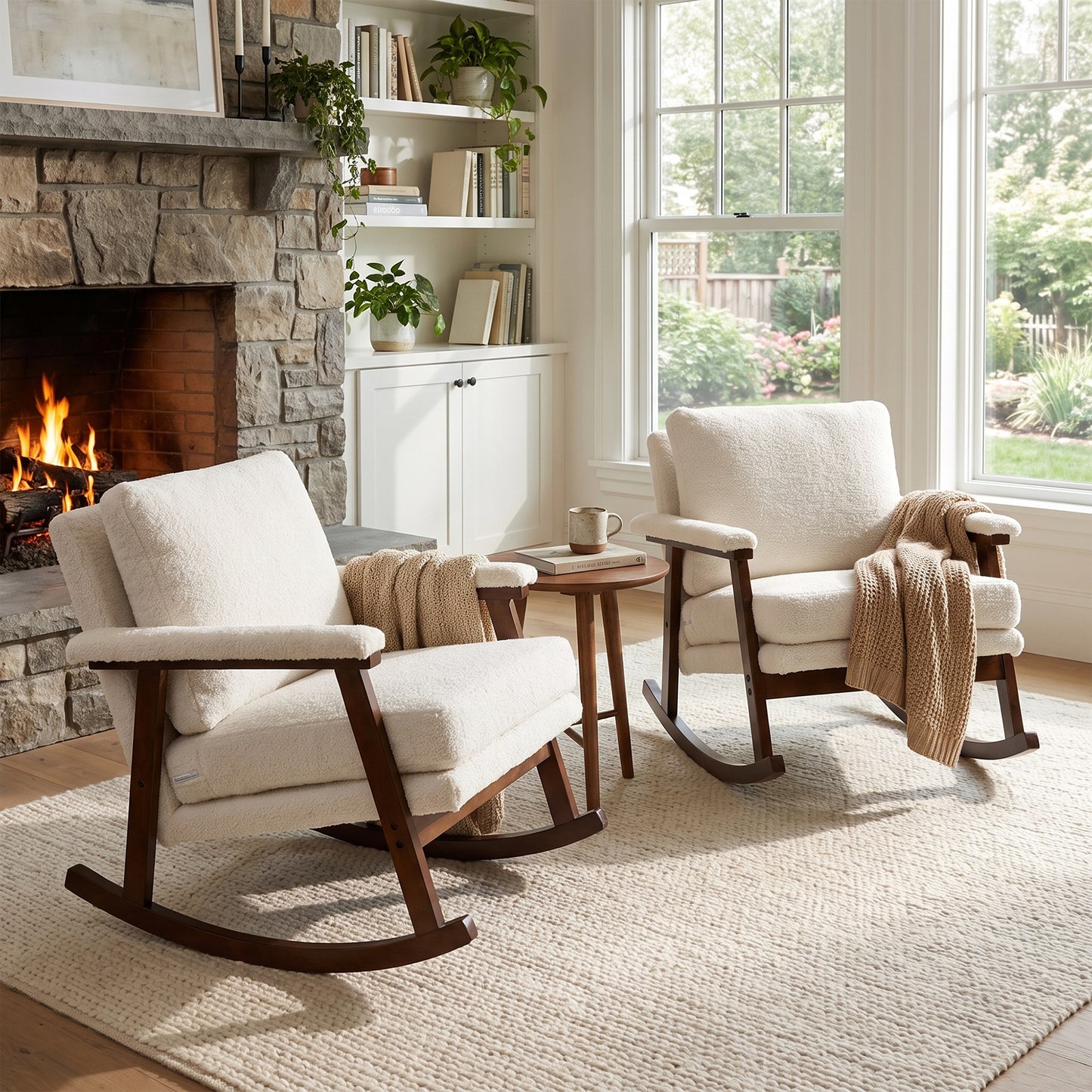 Modern Upholstered Rocking Chair Set of 2 with Solid Wood Frame | Comfy Cotton Teddy Accent Chair for Living Room Bedroom, Ergonomic Glider Rocker for Small Spaces, Cream White