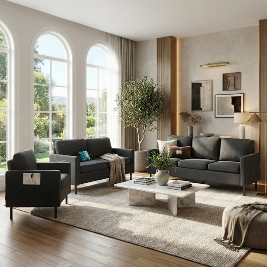 STHOUYN Modern 3-Piece Living Room Set, 72" Grey 3 Seater Couch and 56" Loveseat with USB Ports, Small Couch and Chair Set for Small Space, Apartment, Office (Grey, 1 Chair + 1 Loveseat + 1 Couch)