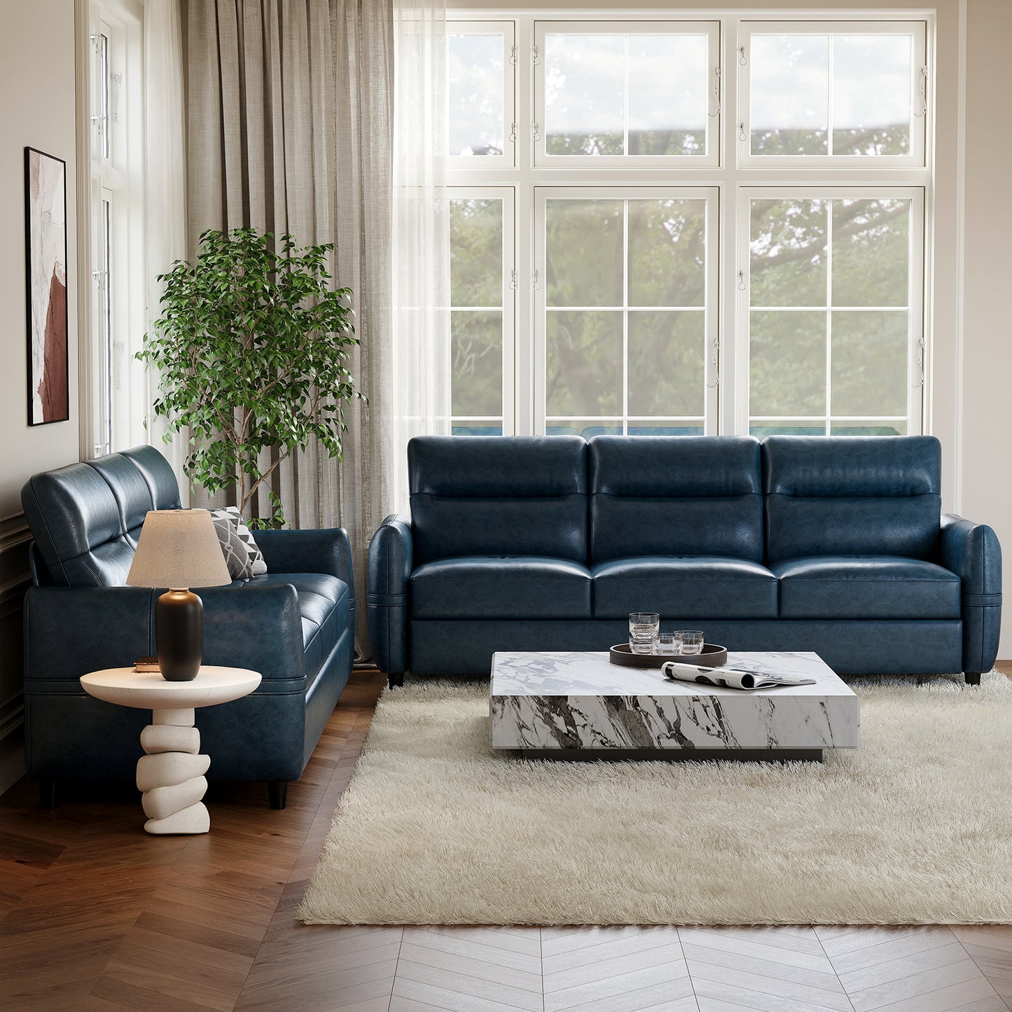 STHOUYN 85” Blue Faux Leather Couch with USB, 3 Seater Couch for Living Room, Large Mid Century Modern Office Sofa for Apartment, Bedroom