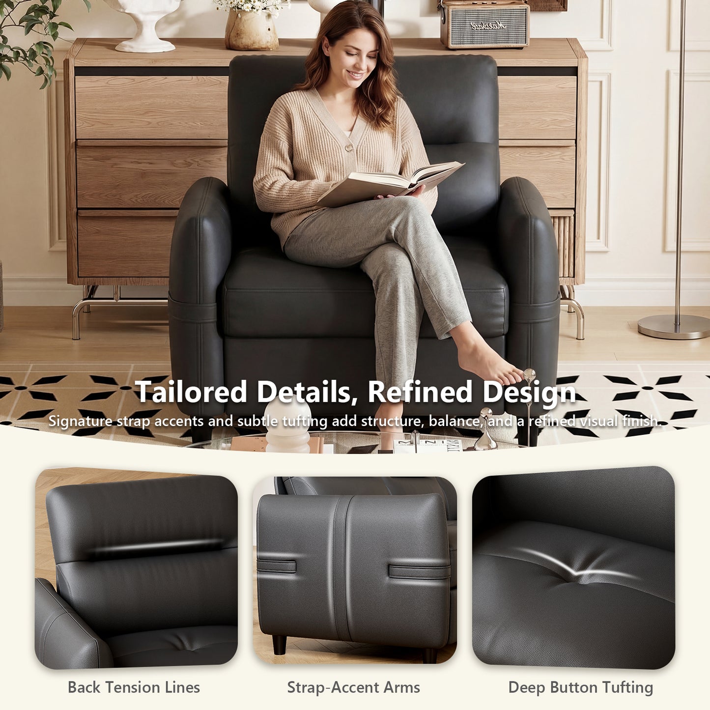 STHOUYN Oversized Leather Accent Chairs for Living Room, Comfy Upholstered Deep Seat Armchair for Adults, Mid Century Modern Arm Chair for Office, Bedroom, Apartment, Reading & Waiting Room (1, Black)