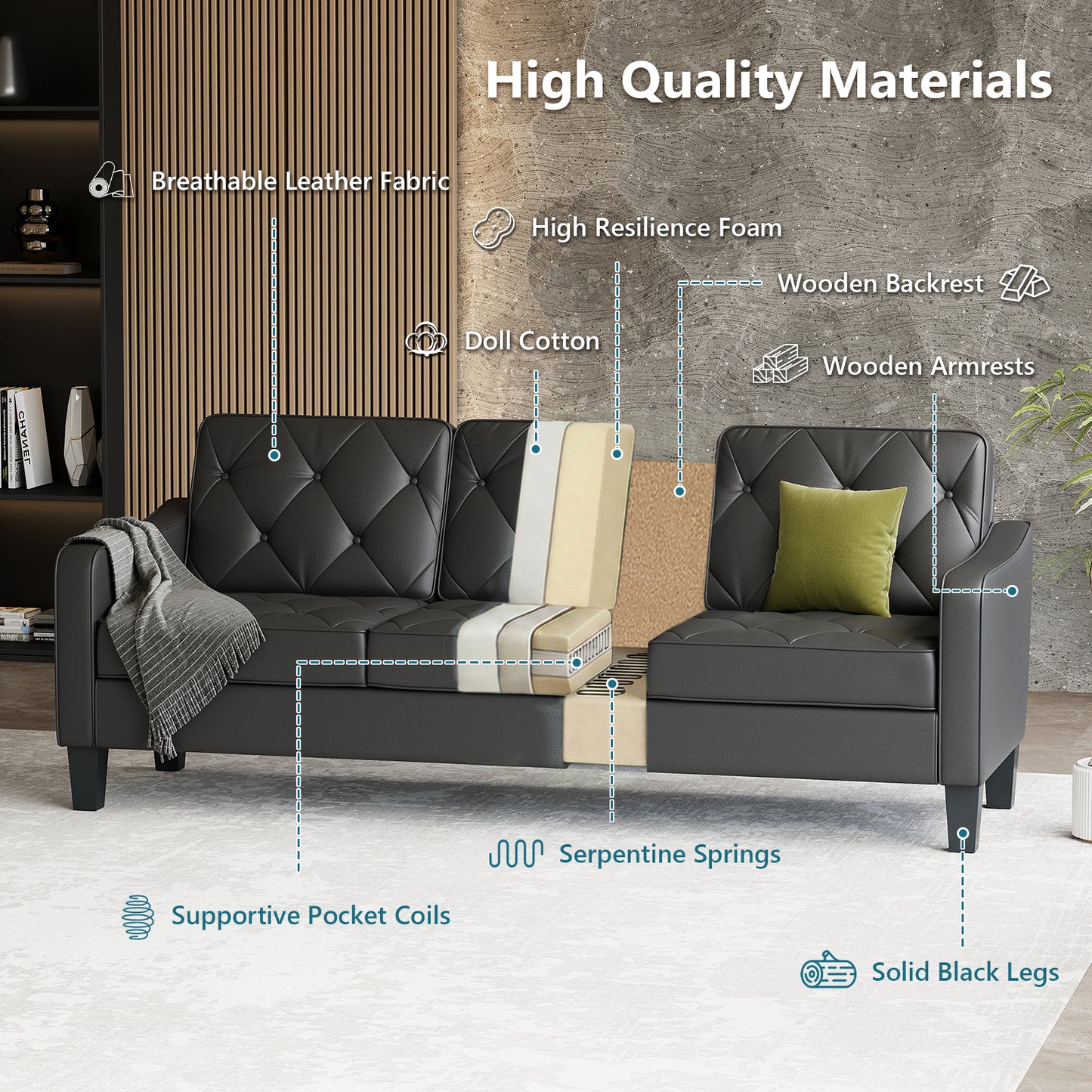 83” Black Faux Leather Couches for Living Room, Comfy 3 Seater Couch, Mid Century Sofa with Tufted Design, Office, or Waiting Area (Black) (Black Leather) (Black (1 Couch + 2 Chairs))