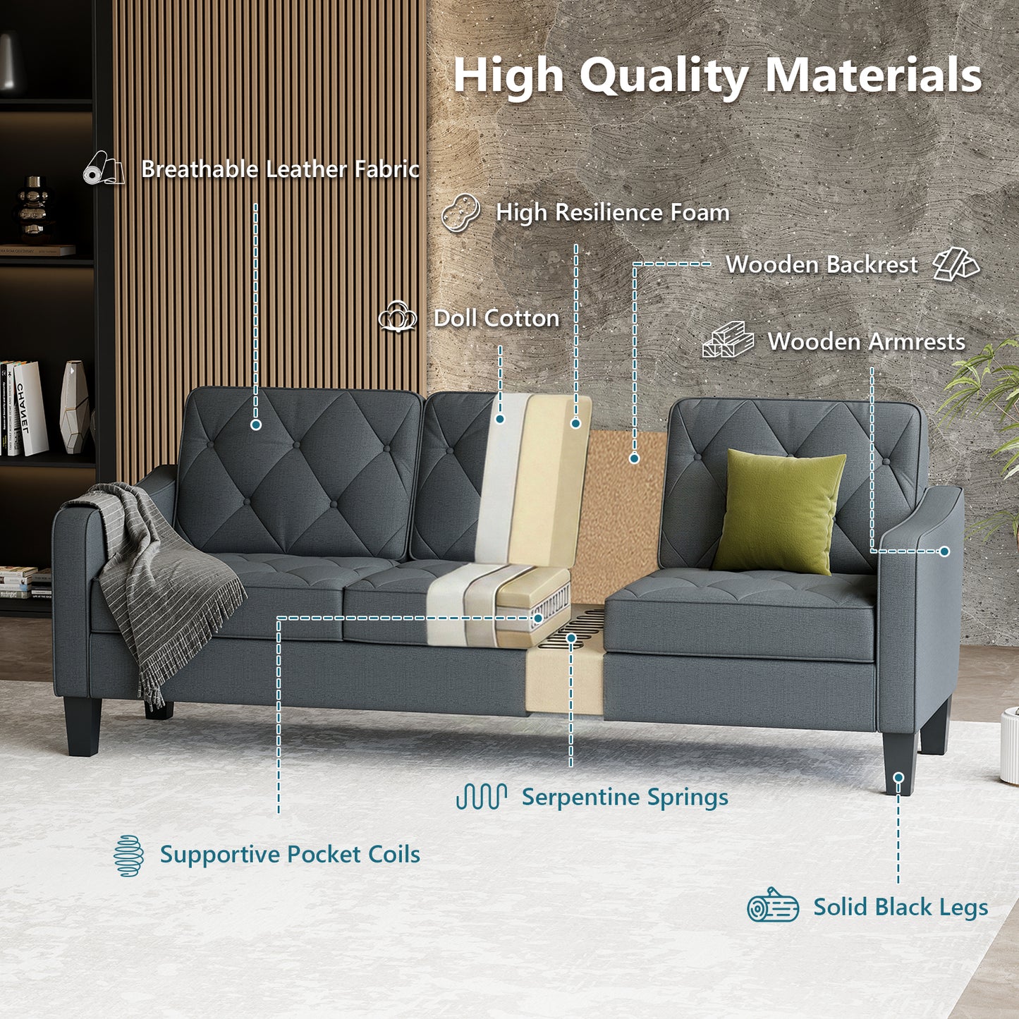 STHOUYN 83” Grey Sofas & Couches, Small 3-Seater Sofa for Living Room, Apartment Size Couch, Comfy Mini Couch Living Space Couch Tufted Design, Office, or Waiting Area (Grey)