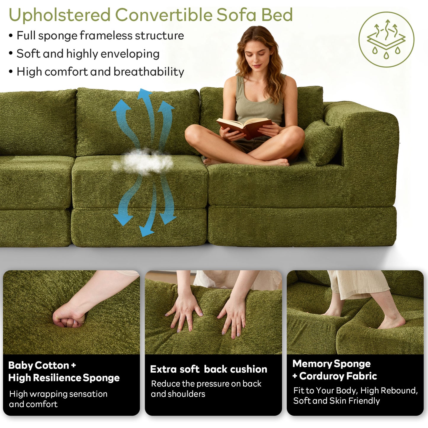 STHOUYN 106" Chenille Folding Convertible Sleeper Sofa Bed, Green Pull Out Floor Modular Couch with Pillow, Memory Foam Boneless Couchs Sectional for Living Room Bedroom (3, Green)