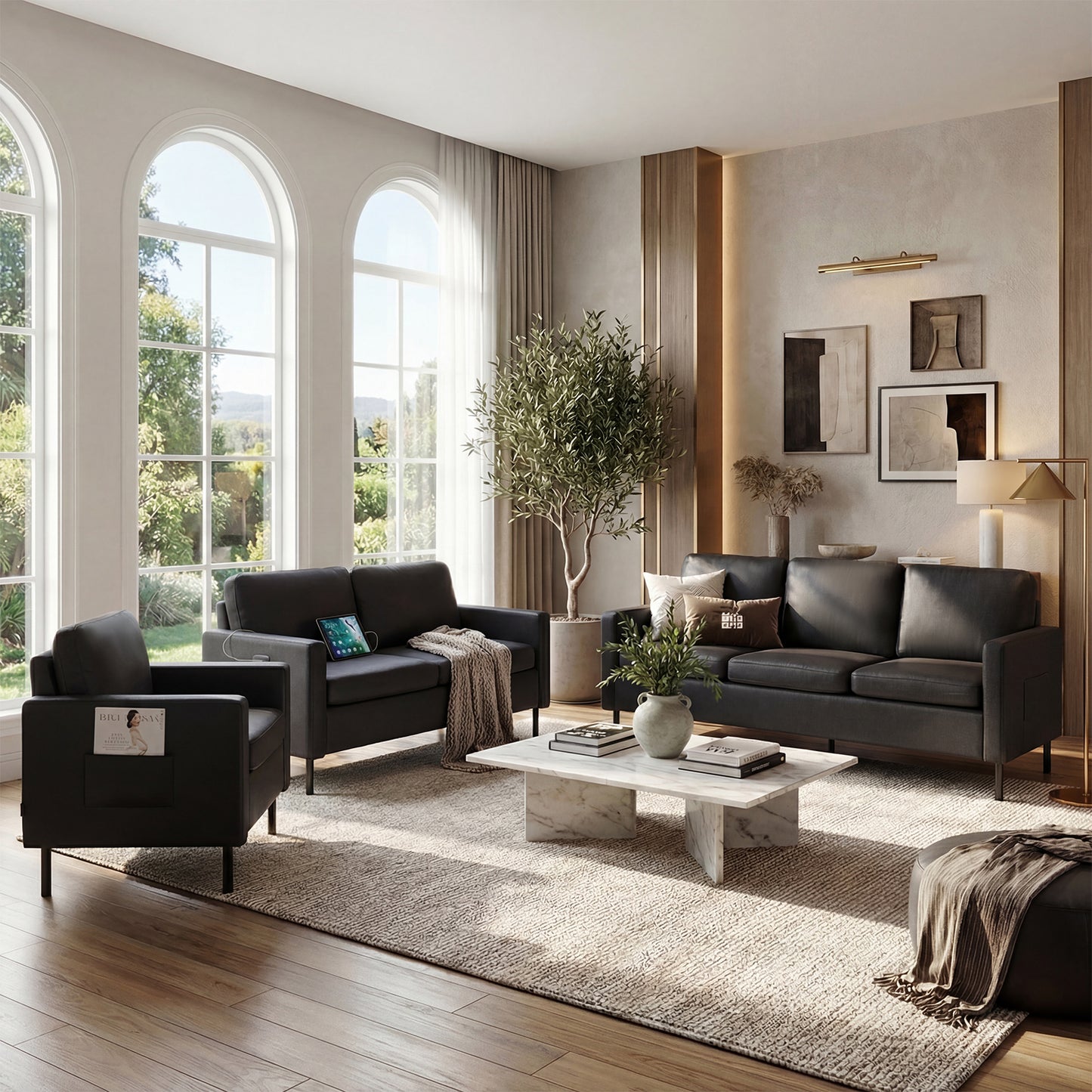 STHOUYN Modern 3-Piece Living Room Set, 72" Black Faux Leather Couch 56" Loveseat with USB Ports, Small Couch and Chair Set for Small Space, Apartment, Office (Black, 1 Chair + 1 Loveseat + 1 Couch)