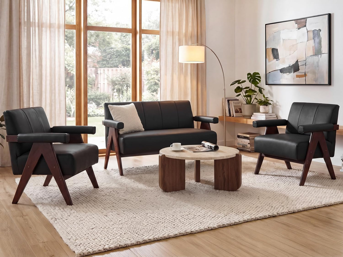Leather Loveseat Sofa and Accent Chairs Set of 2, Mid-Century Modern Office Furniture Couch and Chair Set, Black Small Love Seat Couches with Wood Arm, 3 Pieces Living Room Furniture Sets (3)