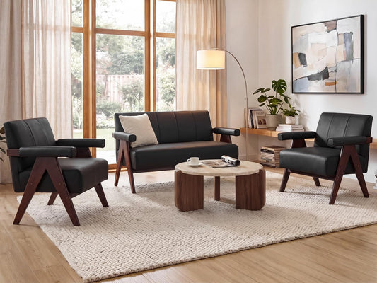 Leather Loveseat Sofa and Accent Chairs Set of 2, Mid-Century Modern Office Furniture Couch and Chair Set, Black Small Love Seat Couches with Wood Arm, 3 Pieces Living Room Furniture Sets (3)