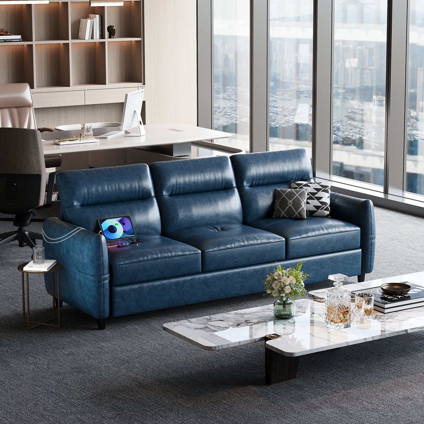 STHOUYN 85” Blue Faux Leather Couch with USB, 3 Seater Couch for Living Room, Large Mid Century Modern Office Sofa for Apartment, Bedroom