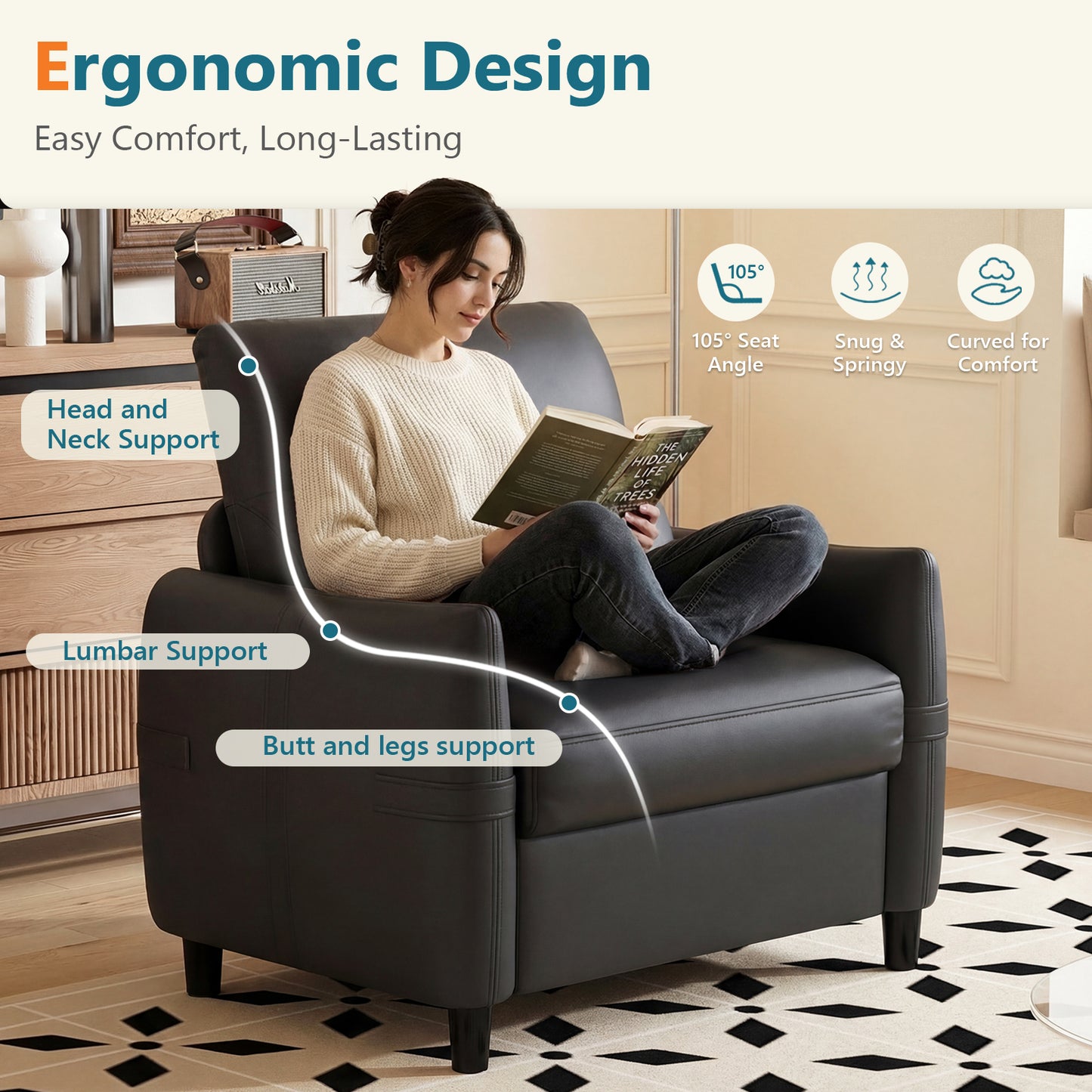 STHOUYN Oversized Leather Accent Chairs for Living Room, Comfy Upholstered Deep Seat Armchair for Adults, Mid Century Modern Arm Chair for Office, Bedroom, Apartment, Reading & Waiting Room (2, Black)