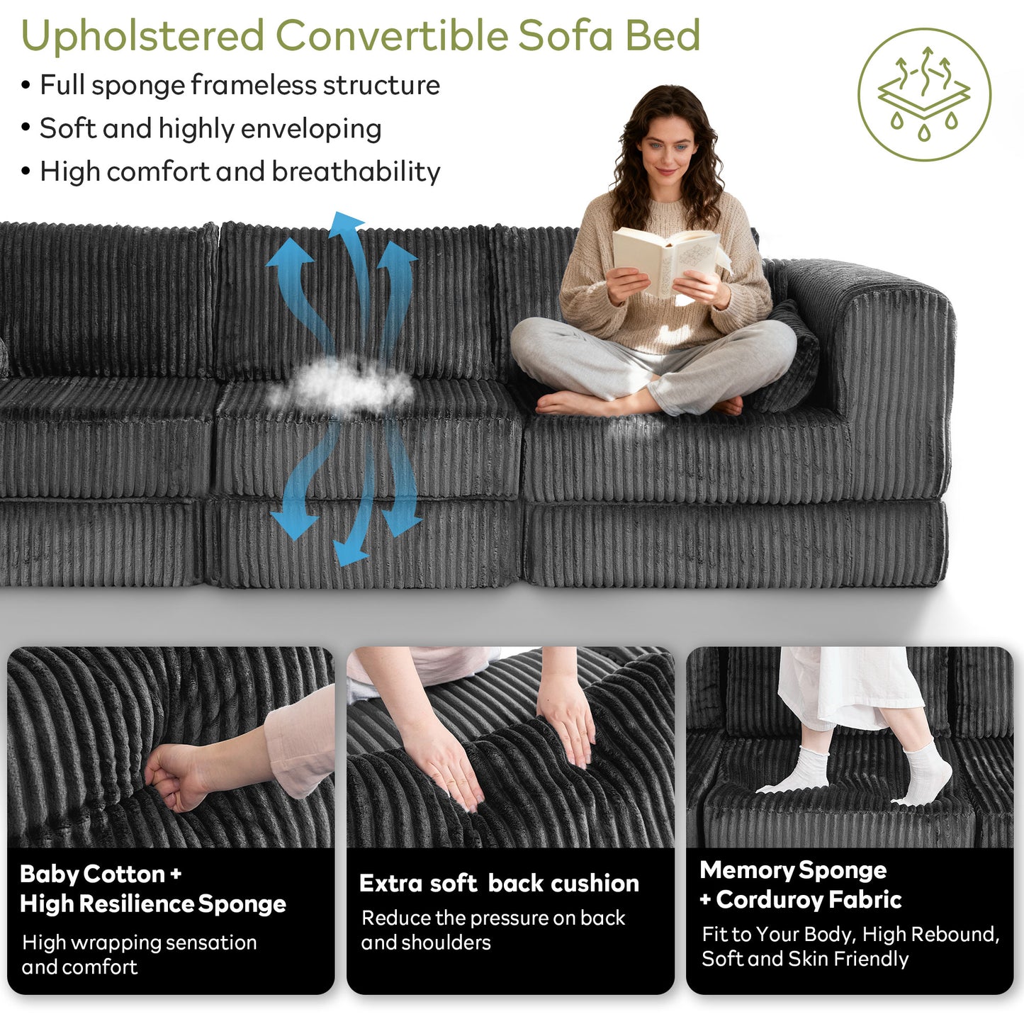 STHOUYN 106" Corduroy Folding Convertible Sleeper Sofa Bed, Grey Pull Out Floor Modular Couch with Pillow, Memory Foam Boneless Couchs Sectional for Living Room Bedroom (3, Grey)