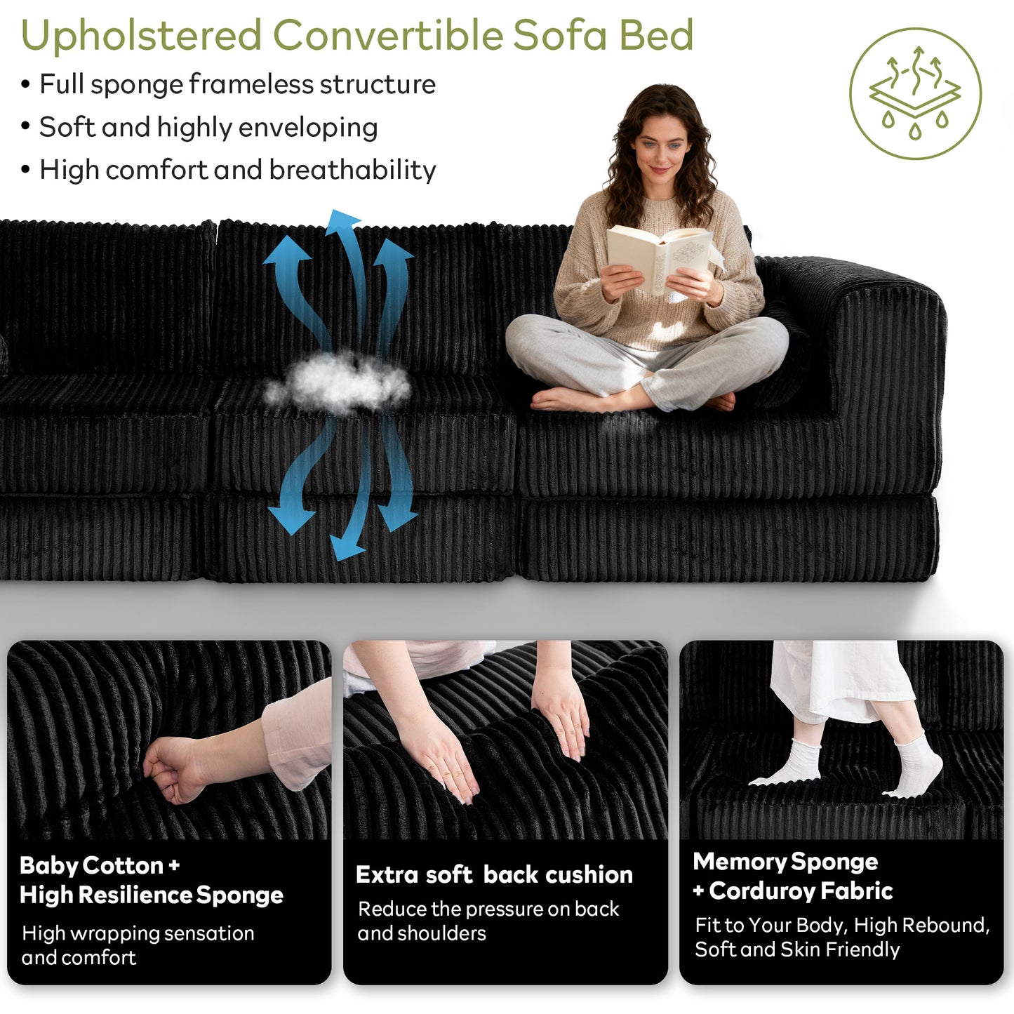 STHOUYN 106" Corduroy Folding Convertible Sleeper Sofa Bed, Black Pull Out Floor Modular Couch with Pillow, Memory Foam Boneless Couchs Sectional for Living Room Bedroom (3, Black)