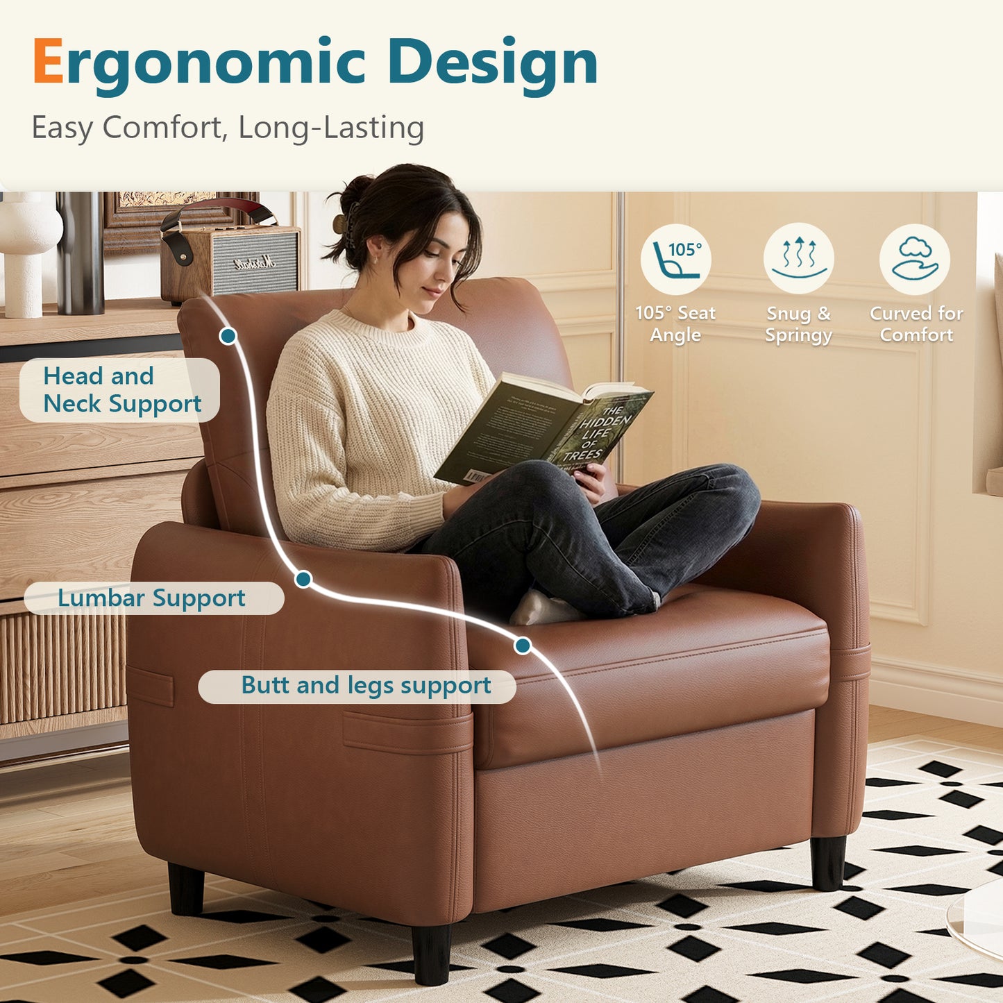 STHOUYN Oversized Leather Accent Chairs for Living Room, Comfy Upholstered Deep Seat Armchair for Adults, Mid Century Modern Arm Chair for Office, Bedroom, Apartment, Reading & Waiting Room (2, Brown)