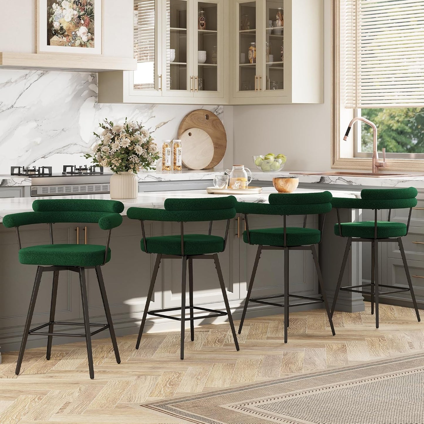 STHOUYN 26” Swivel Bar Stools Set of 4, Green Modern Boucle Counter Height Bar Stools with High Back and Metal Legs, Upholstered Bar Chairs Barstools for Kitchen Island, Dining Room (4, Green)