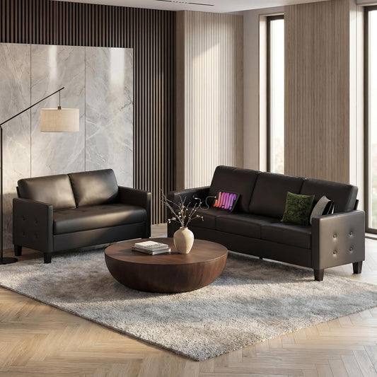 STHOUYN Black Faux Leather 3 Seater Sofa and Loveseat, Modern Comfy Office Furniture Set, Small Love Seat Couch with Tufted Armrest and USB, 2 Pieces Living Room Furniture Sets