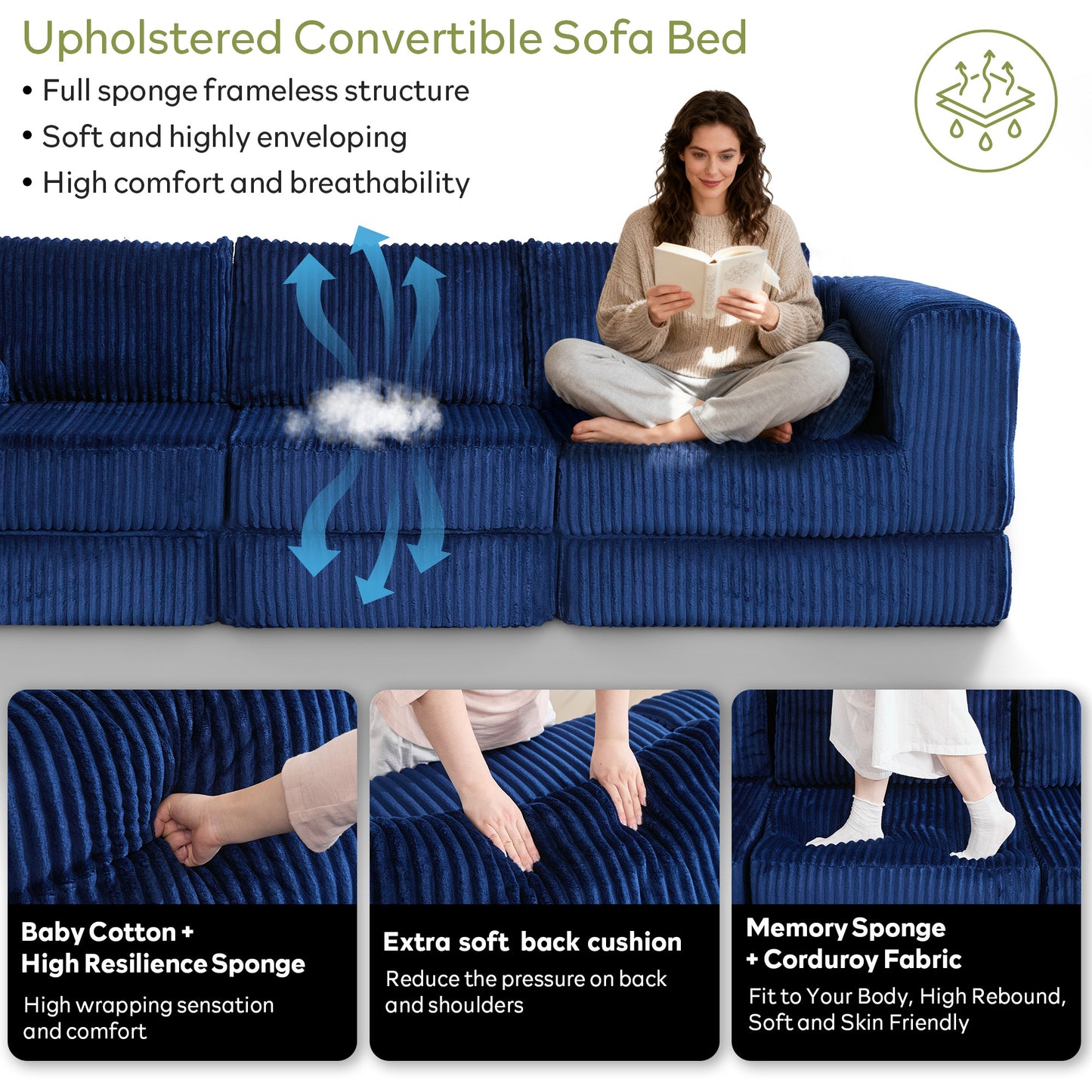 STHOUYN 106" Corduroy Folding Convertible Sleeper Sofa Bed, Blue Pull Out Floor Modular Couch with Pillow, Memory Foam Boneless Couchs Sectional for Living Room Bedroom (3, Navy Blue)
