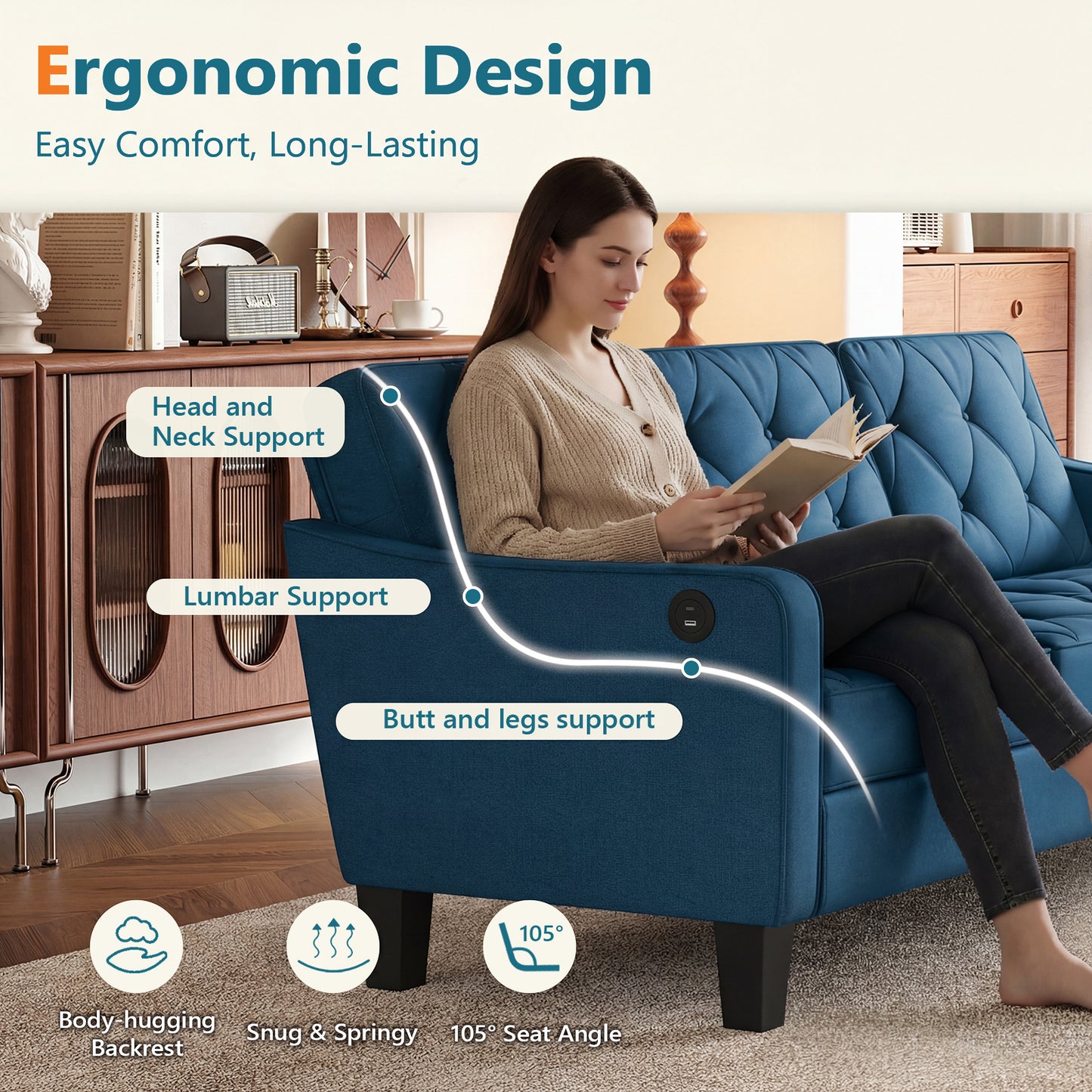 STHOUYN 83” Blue Sofas & Couches, Small 3-Seater Sofa for Living Room, Apartment Size Couch, Comfy Mini Couch Living Space Couch Tufted Design, Office, or Waiting Area (Blue)