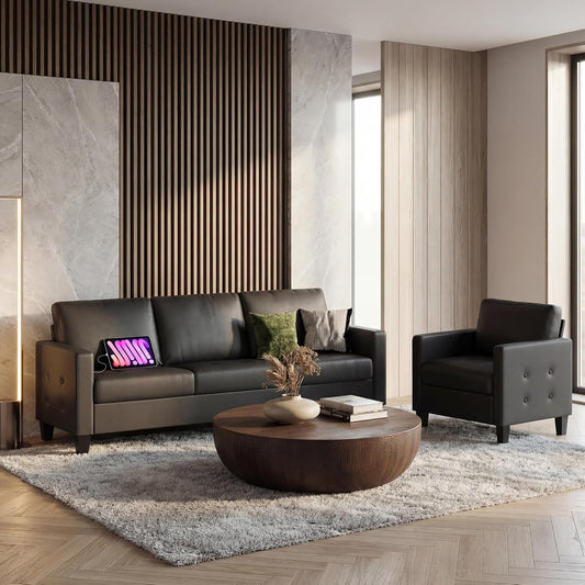 STHOUYN Black Faux Leather 3 Seater Sofa and Accent Chair, Modern Comfy Office Furniture Set, Small Loveseat Couch with Tufted Armrest and USB, 2 Pieces Living Room Furniture Sets