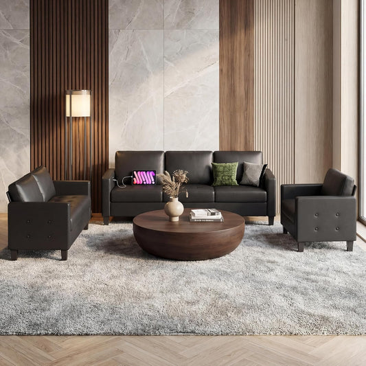 STHOUYN Black Faux Leather 3 Seater Sofa, Loveseat and Accent Chair, Modern Comfy Office Furniture Set, Small Love Seat Couch with Tufted Armrest and USB, 3 Pieces Living Room Furniture Sets (3+2+1)