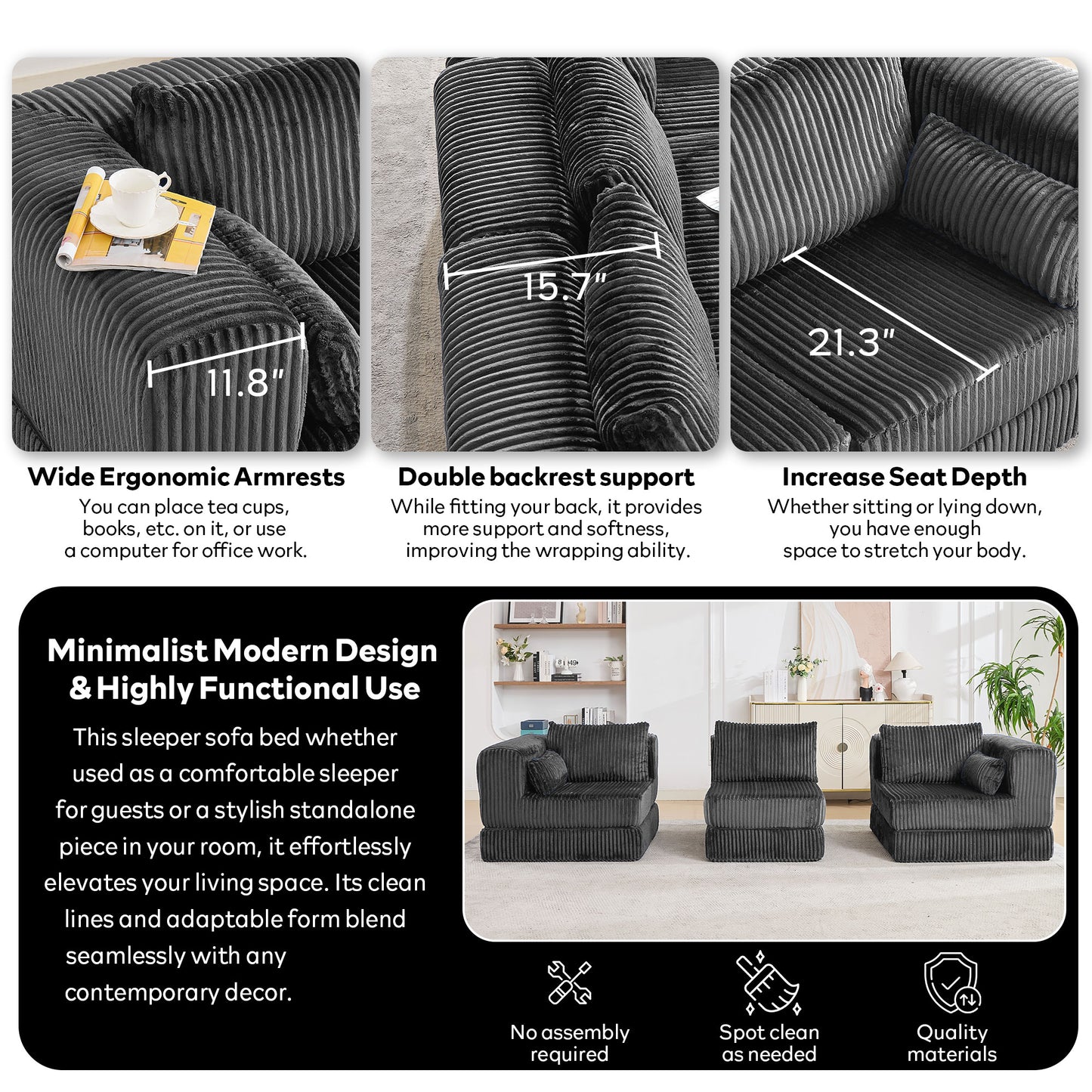 STHOUYN 79" Corduroy Folding Convertible Sleeper Sofa Bed Queen, Grey Pull Out Floor Modular Couch with Pillow, Memory Foam Boneless Couchs Sectional for Living Room Bedroom (2, Grey)